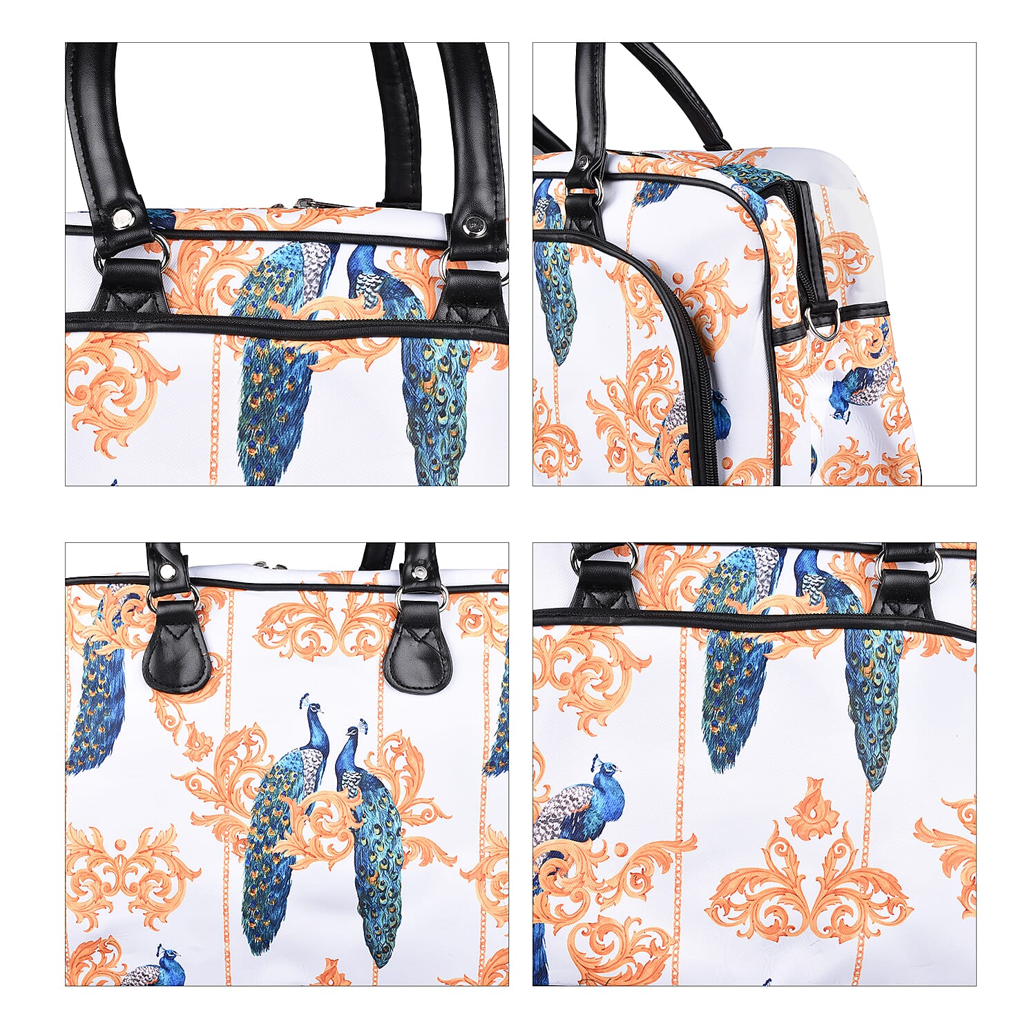 Peacock Pattern Travel Bag with Shoulder Strap and Zipper Closure (Size-43x25x18Cm) - White