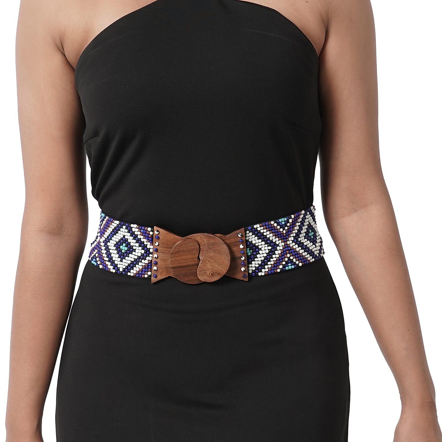 Stretchable Seed Bead Belt in Wooden Buckle - Purple