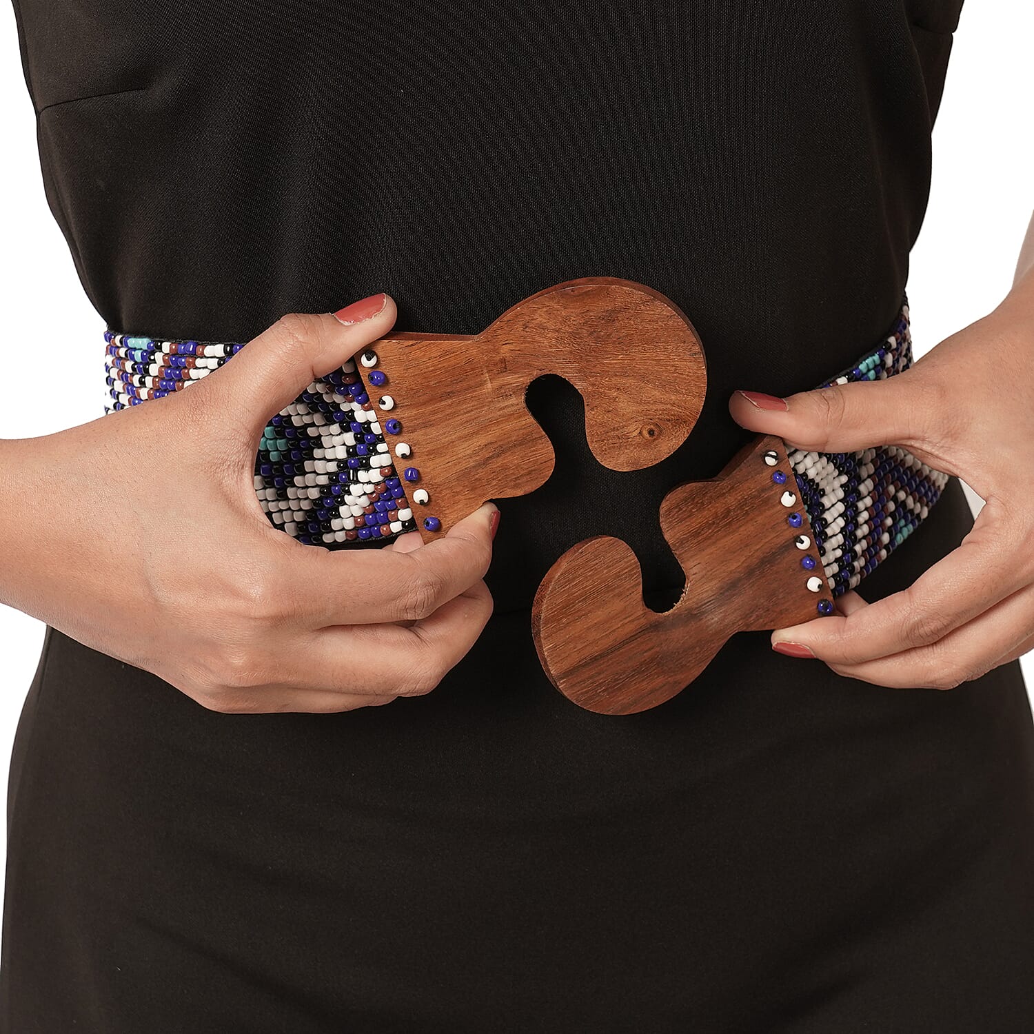 Stretchable Seed Bead Belt in Wooden Buckle - Purple