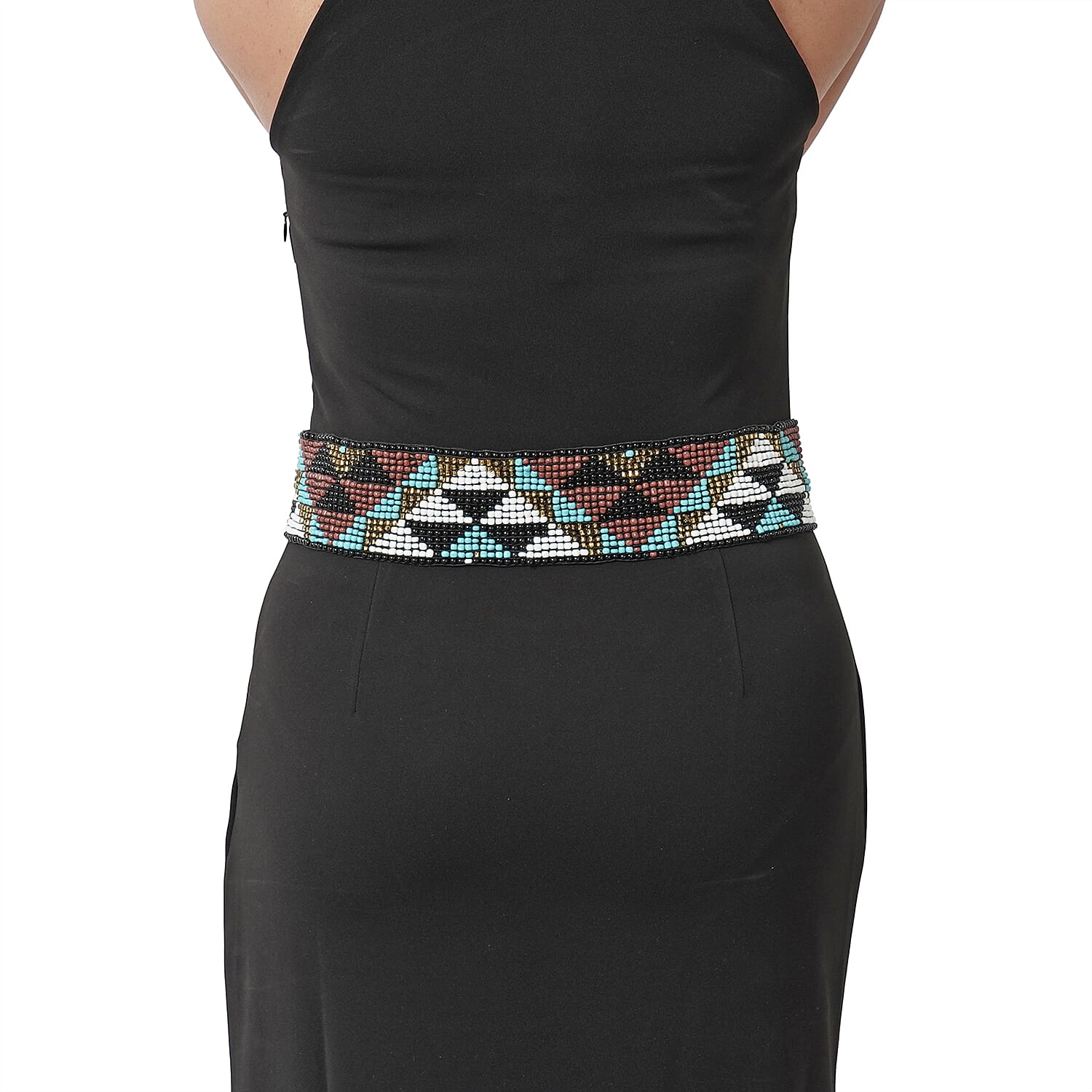 Stretchable Seed Bead Belt in Wooden Buckle (Size 76x6 Cm) - Black, Turquoise & Multi