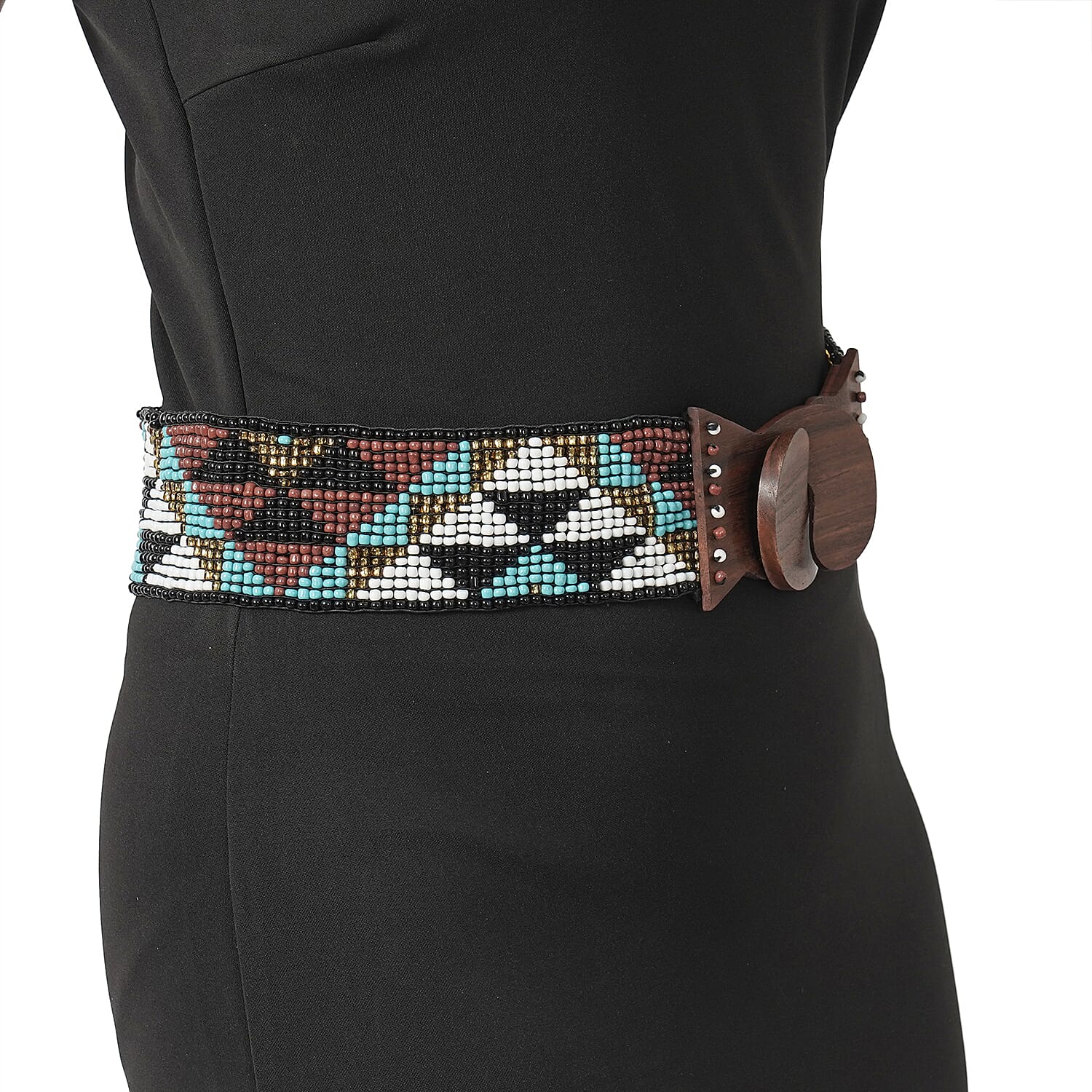 Stretchable Seed Bead Belt in Wooden Buckle (Size 76x6 Cm) - Black, Turquoise & Multi