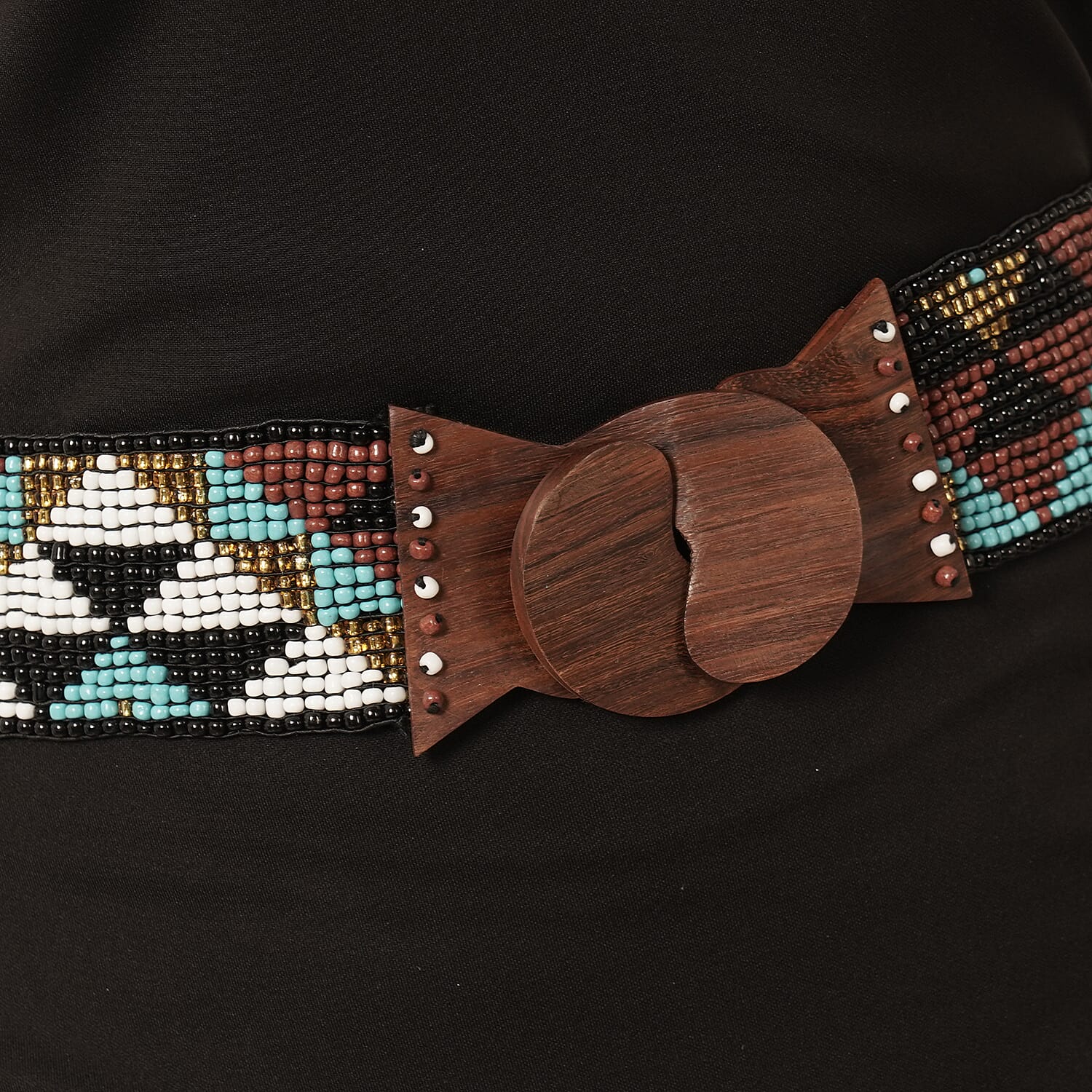 Stretchable Seed Bead Belt in Wooden Buckle (Size 76x6 Cm) - Black, Turquoise & Multi