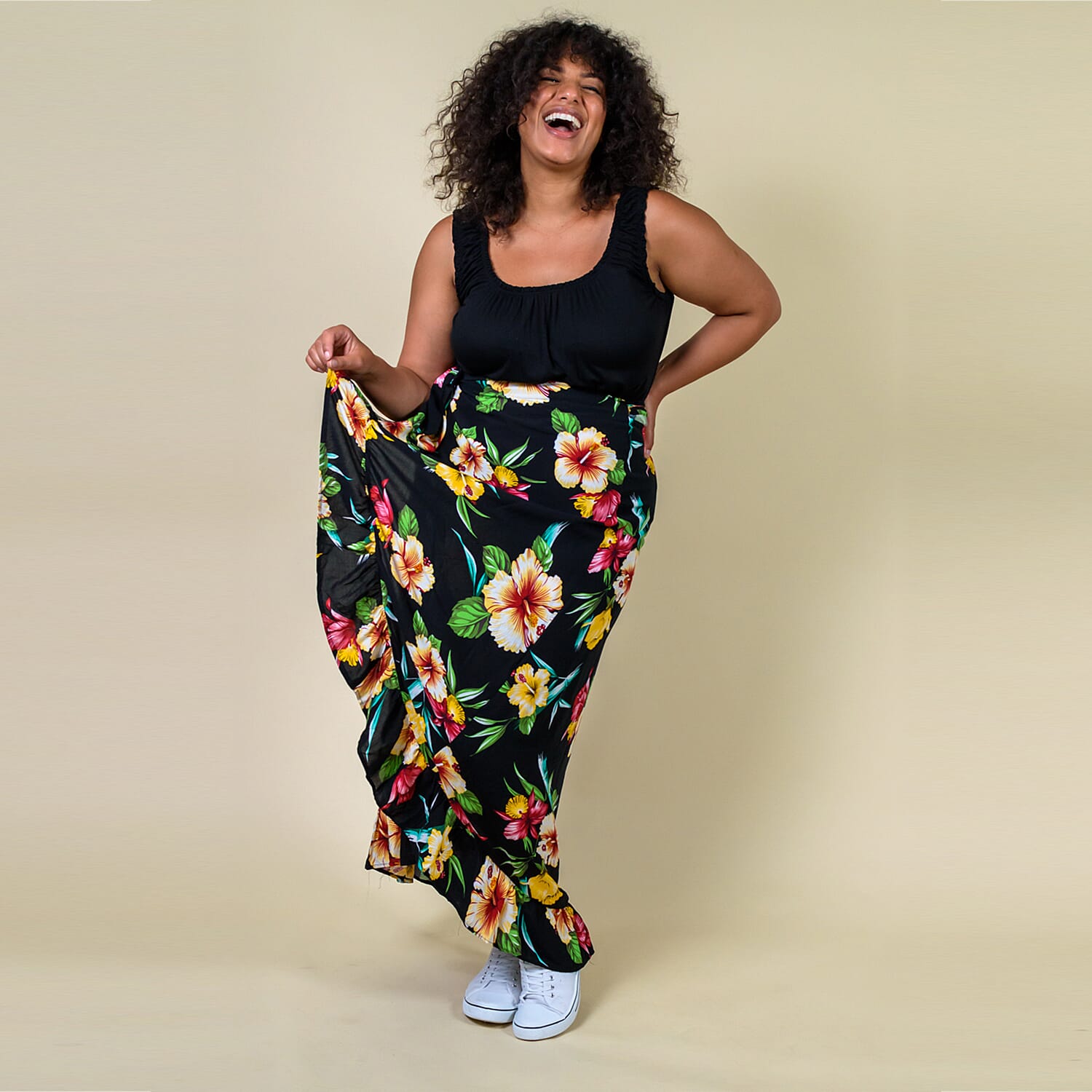 TAMSY 100% Rayon Floral Printed Wrap Skirt One Size, (Fits 8-16) - Light Blue & Multi