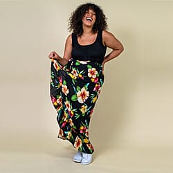 TAMSY 100% Rayon Hibiscus Floral Printed Wrap Skirt One Size Curve - Black & Multi