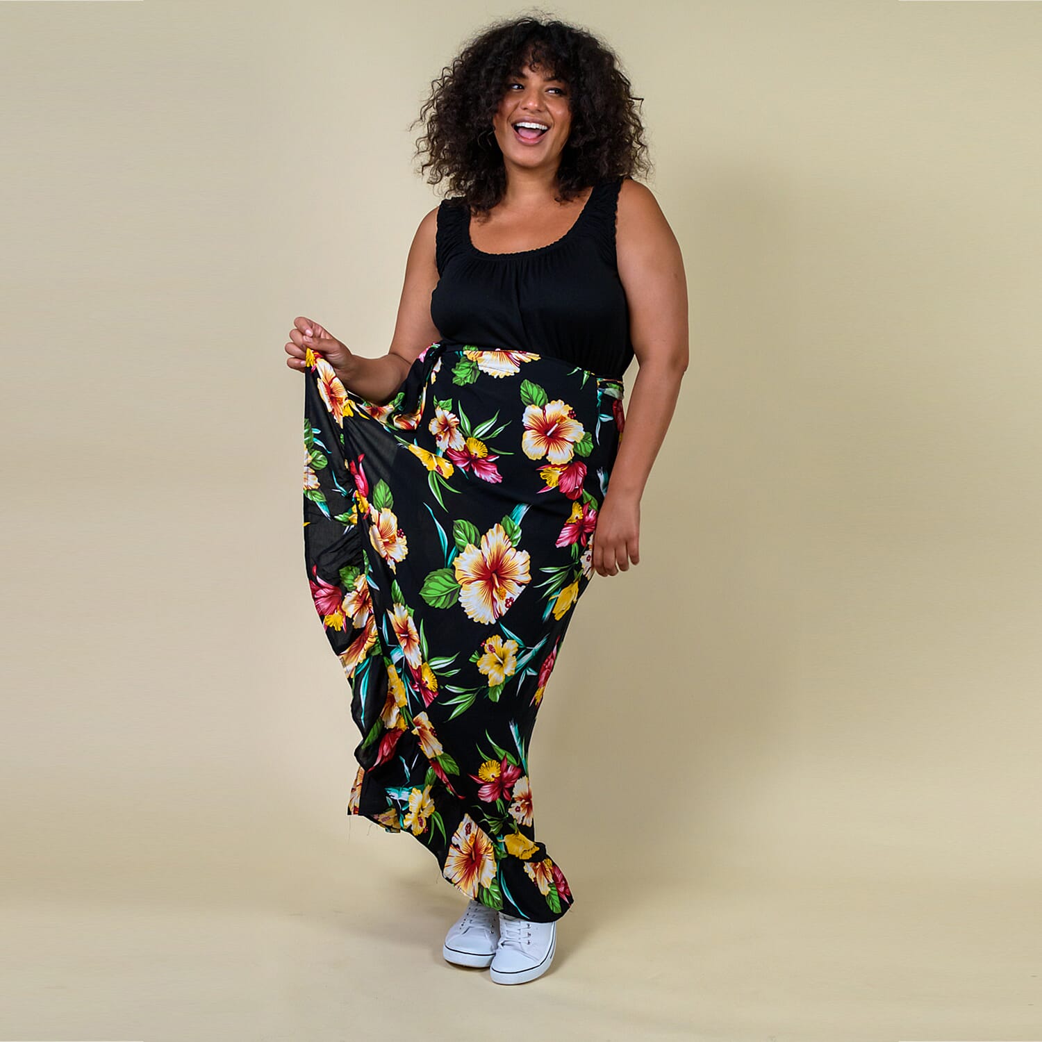 TAMSY 100% Rayon Floral Printed Wrap Skirt One Size, (Fits 8-16) - Light Blue & Multi