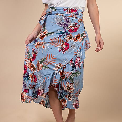 TAMSY 100% Rayon Floral Printed Wrap Skirt - One Size Curve (Fits 18-26 ) - Light Blue - Multi