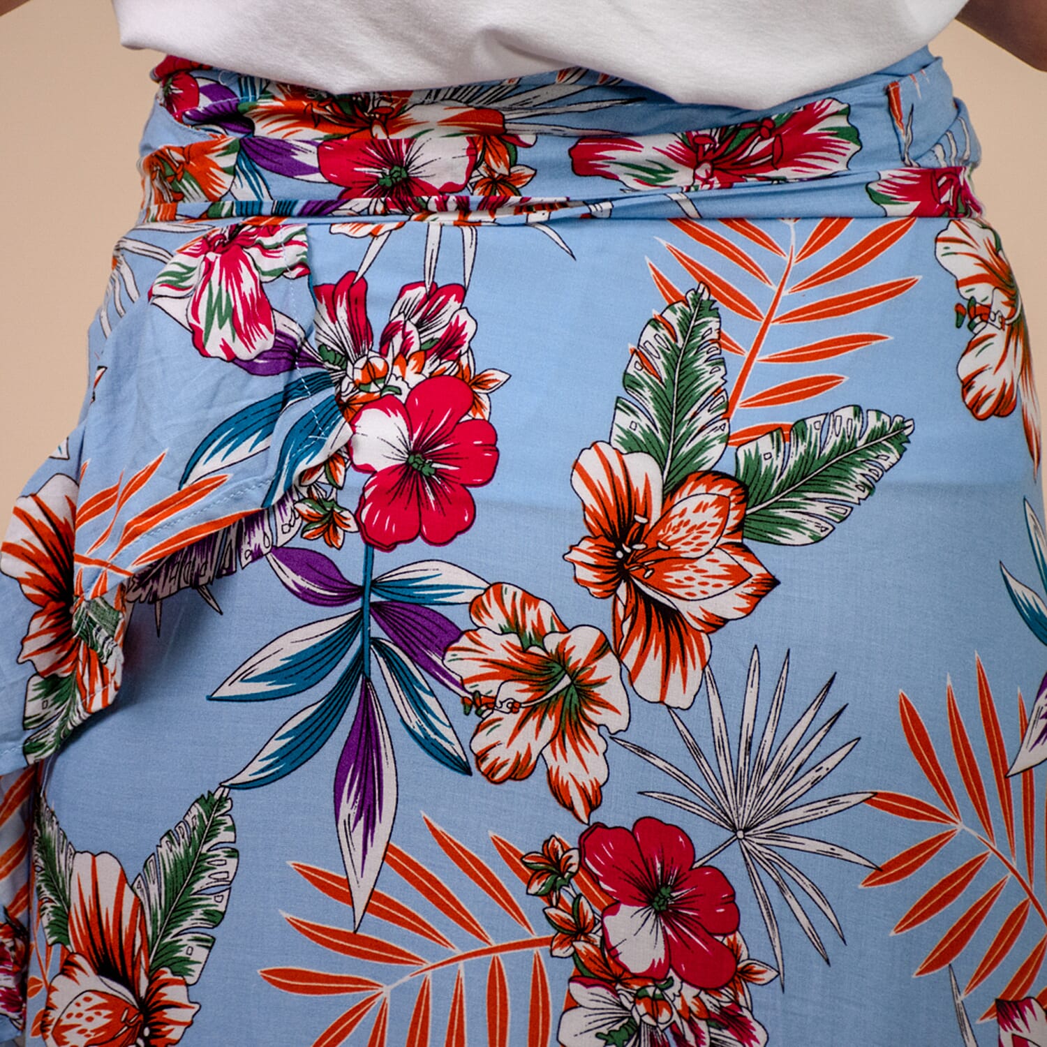 TAMSY 100% Rayon Floral Printed Wrap Skirt One Size, (Fits 8-16) - Light Blue & Multi