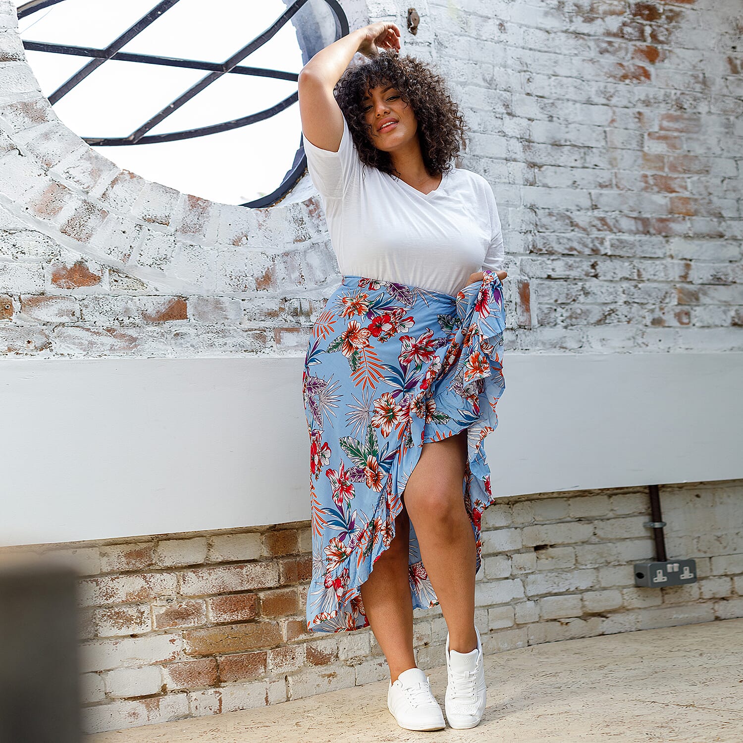 TAMSY 100% Rayon Floral Printed Wrap Skirt One Size, (Fits 8-16) - Light Blue & Multi