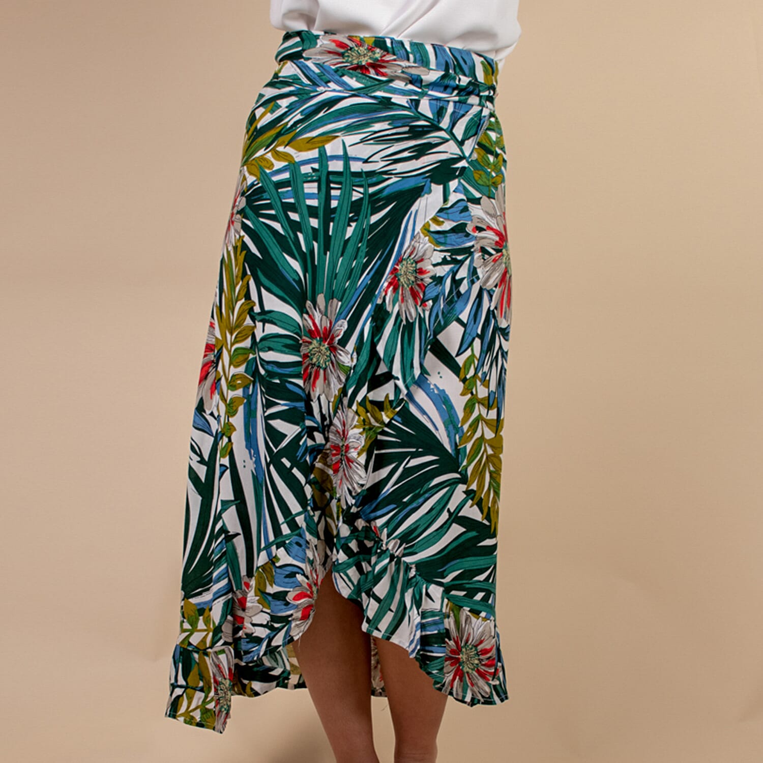 TAMSY 100% Rayon Floral Printed Wrap Skirt One Size, (Fits 8-16) - Light Blue & Multi