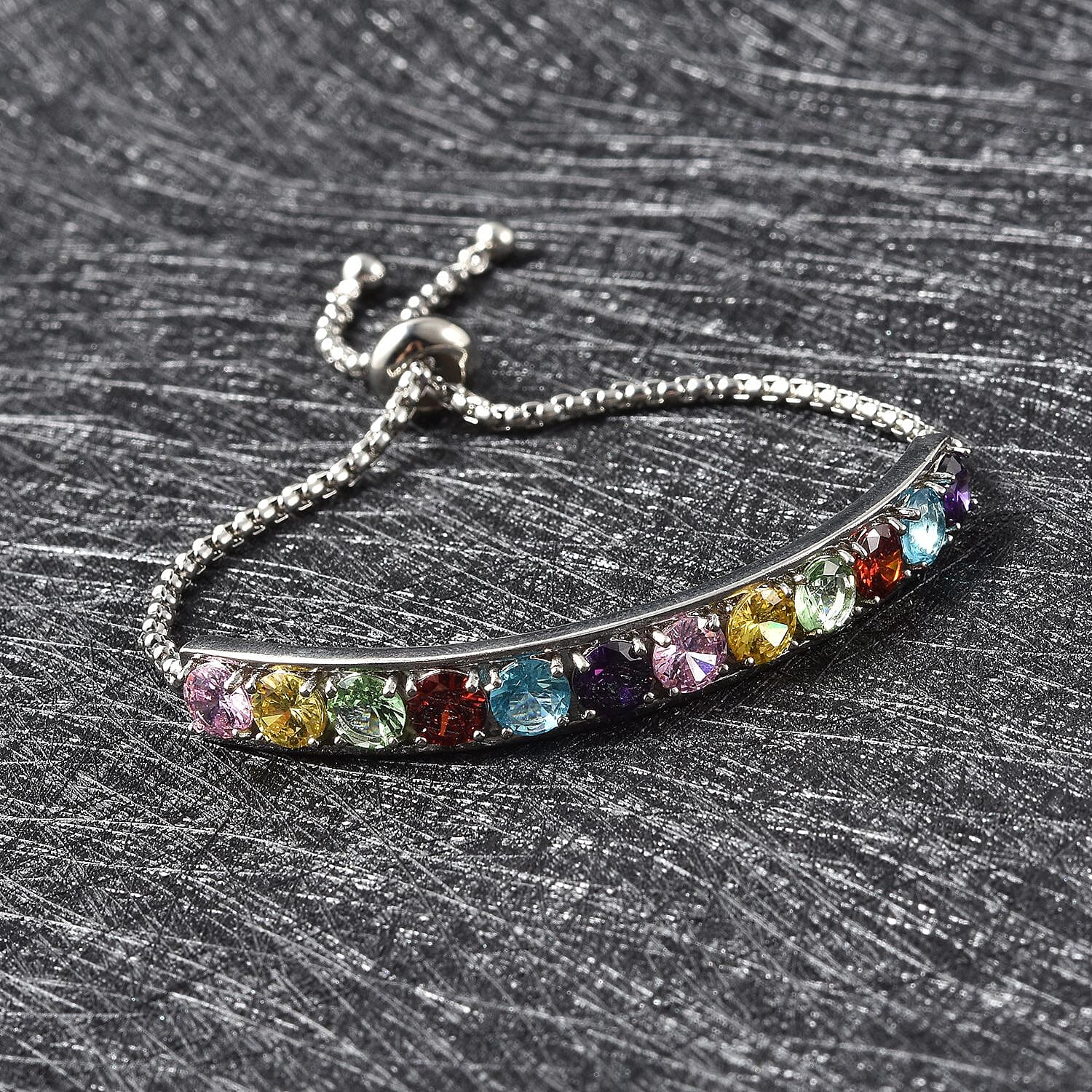 Simulated Rainbow Sapphire Bracelet (Size 6-8 Inch Adjustable ) in Silver Tone