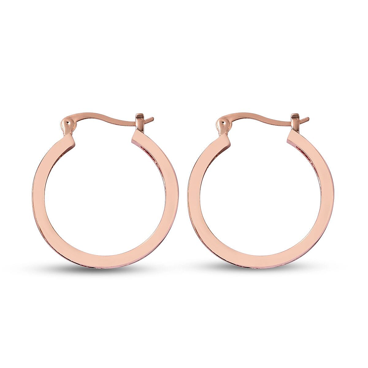 Simulated Pink Sapphire Hoop Earrings (With Clasp) in Rose Gold Tone