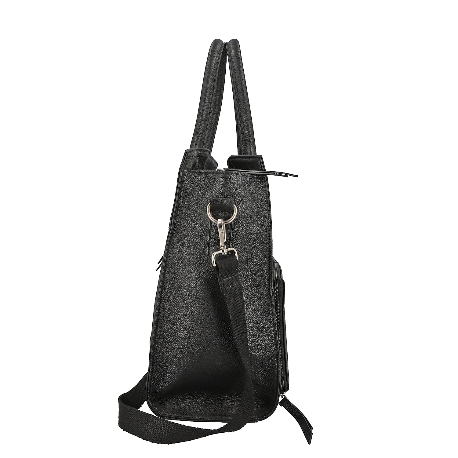 Leather Tote Bag with Detachable Shoulder Strap and Zipper Closure - Black