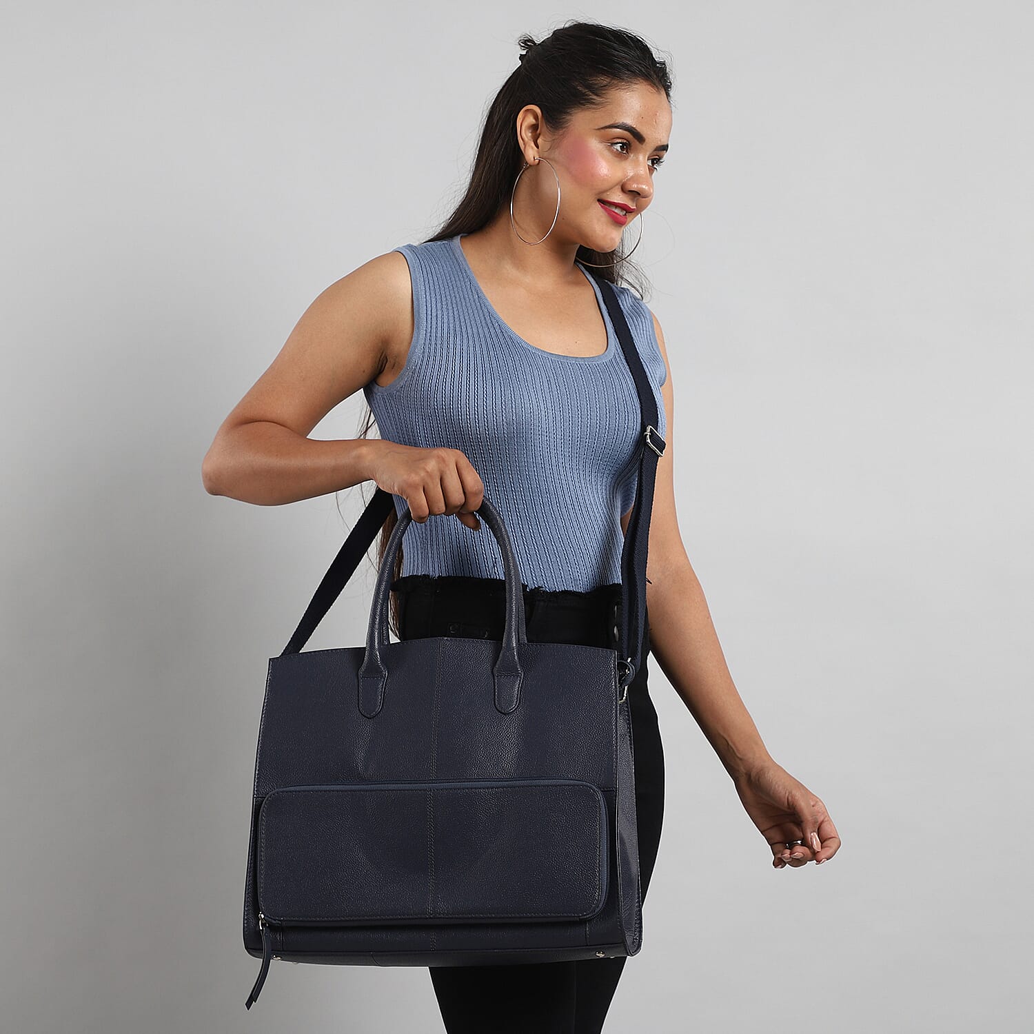 Leather Tote Bag with Detachable Shoulder Strap and Zipper Closure (Size 38x31x10 Cm) - Navy