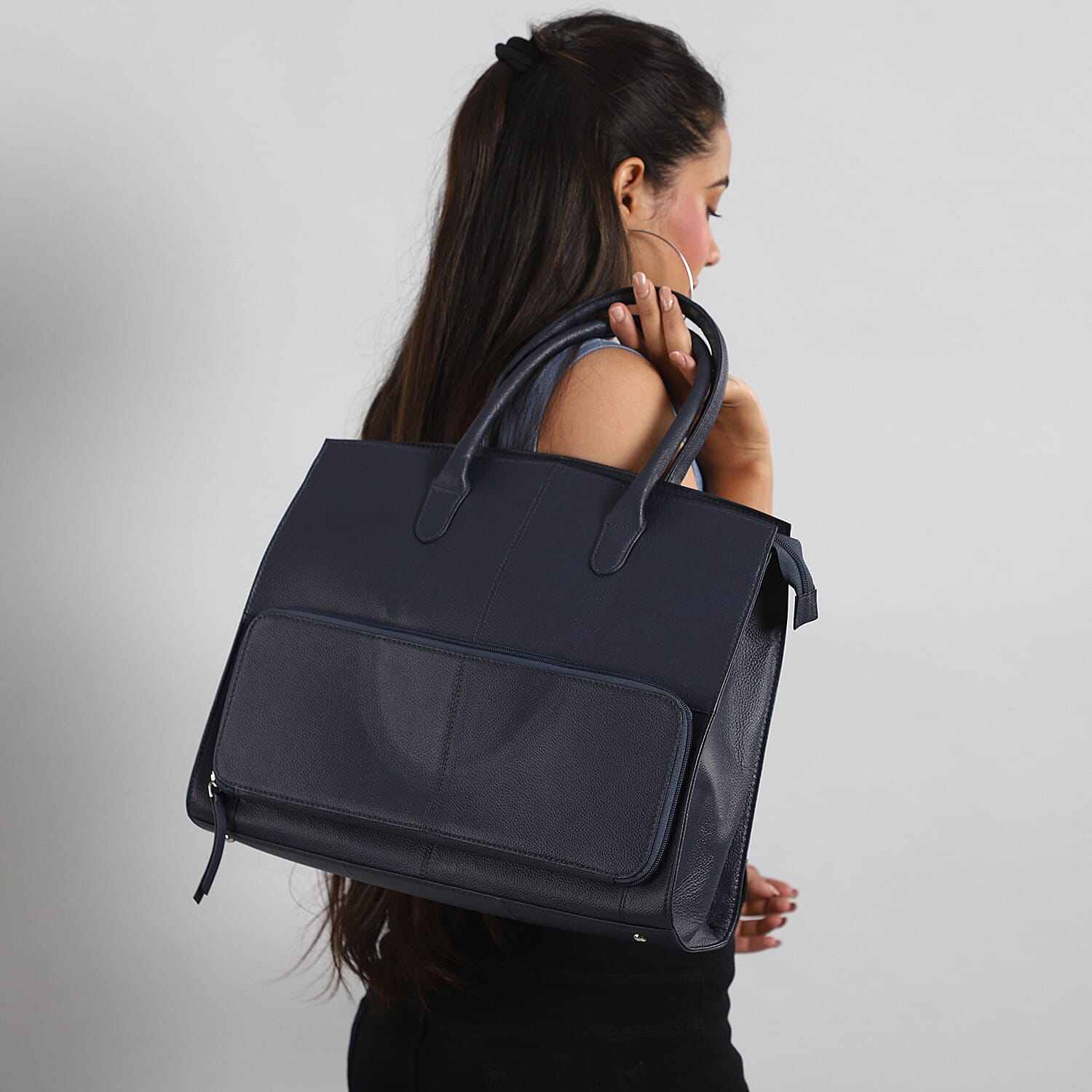 Leather Tote Bag with Detachable Shoulder Strap and Zipper Closure (Size 38x31x10 Cm) - Navy