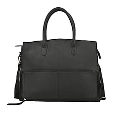 Leather Tote Bag with Detachable Shoulder Strap and Zipper Closure (Size 38x30x13Cm) - Black
