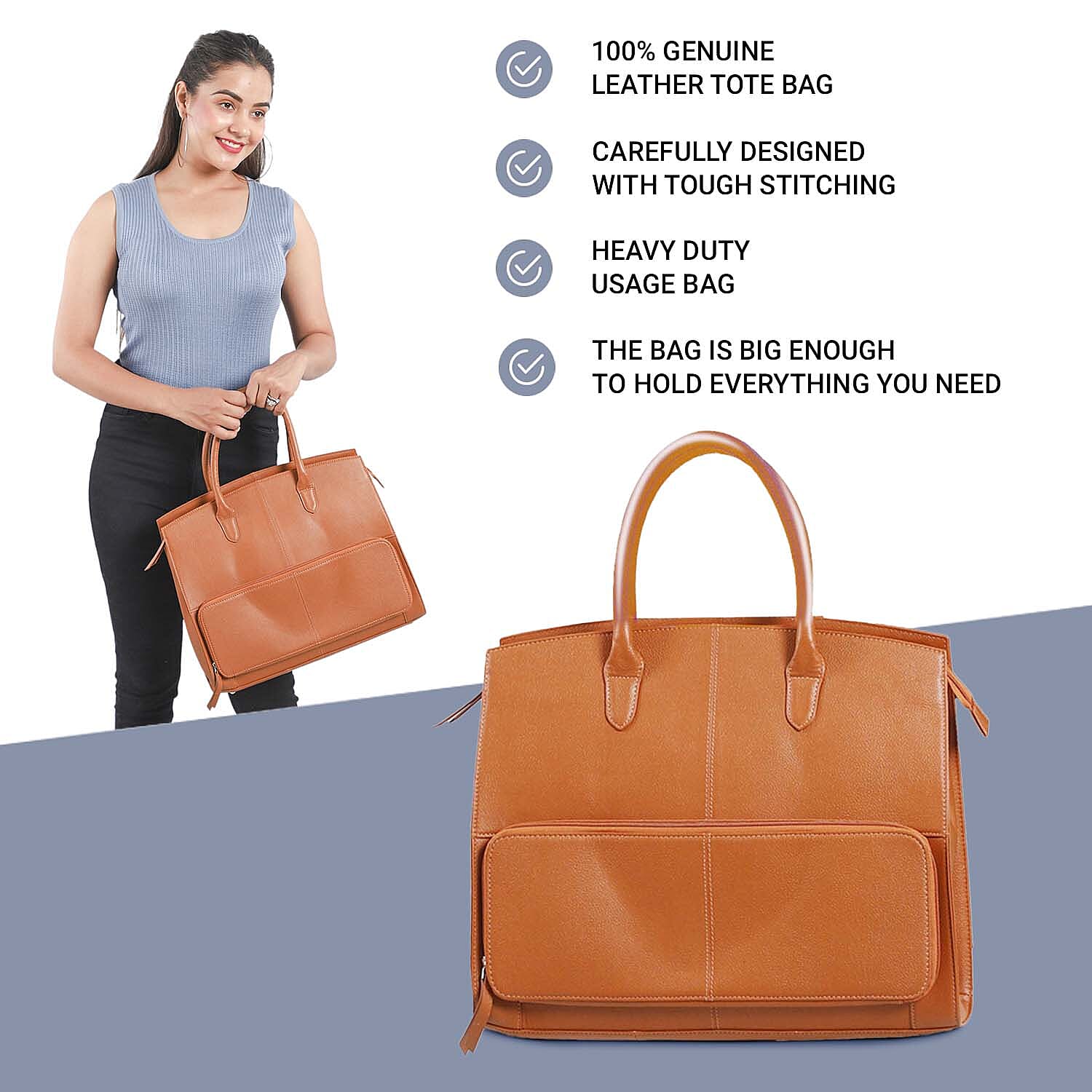 Leather Tote Bag with Detachable Shoulder Strap and Zipper Closure (Size 38x31x10 Cm) - Tan