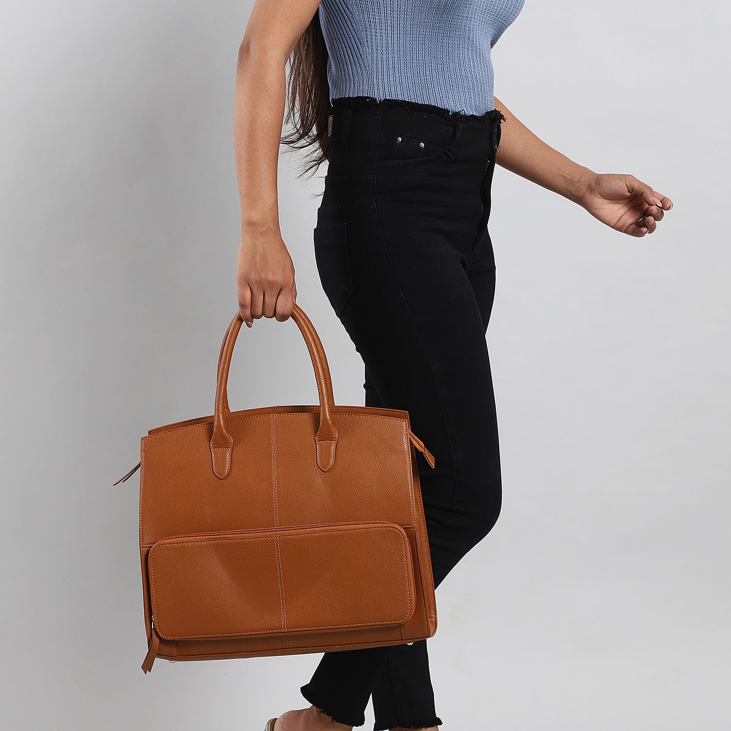 Leather Tote Bag with Detachable Shoulder Strap and Zipper Closure (Size 38x31x10 Cm) - Tan