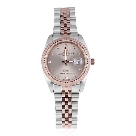 CHRISTOPHE DUCHAMP Elysees Swiss Movt. Beige Sunray Dial Diamond Studded Watch with Stainless Steel Chain Strap in Two Tone