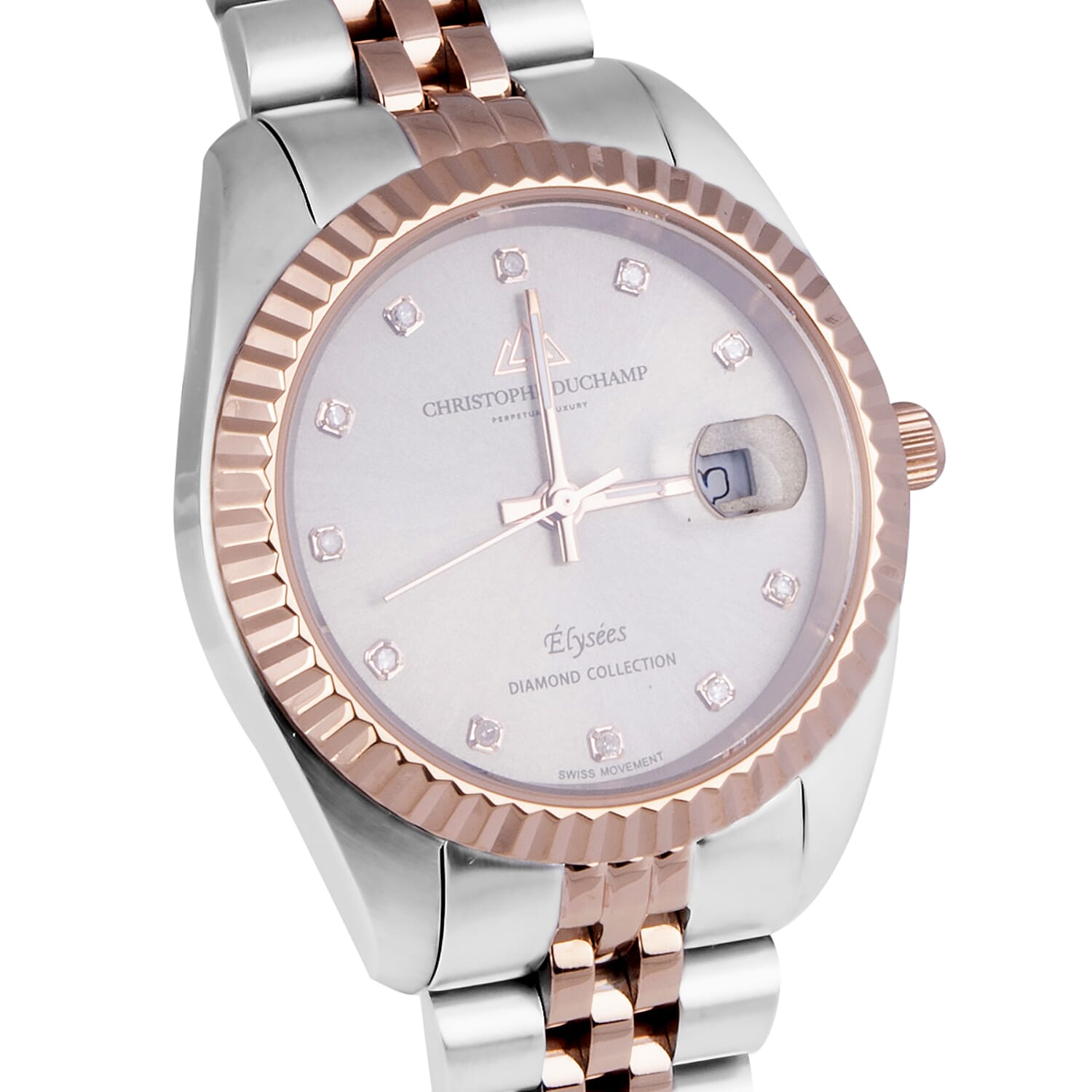 CHRISTOPHE DUCHAMP Elysees Swiss Movt. Beige Sunray Dial Diamond Studded Watch with Stainless Steel Chain Strap in Two Tone