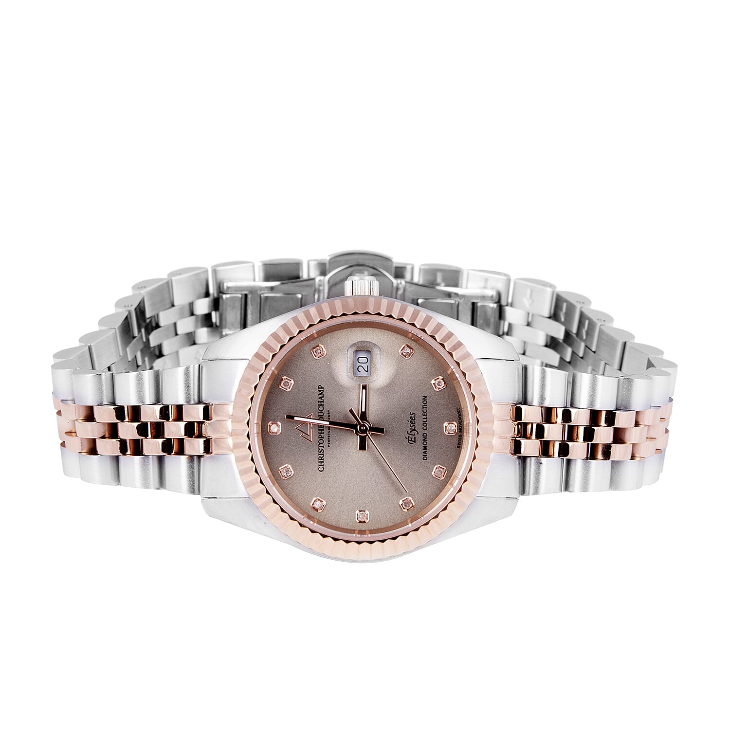 CHRISTOPHE DUCHAMP Elysees Swiss Movt. Beige Sunray Dial Diamond Studded Watch with Stainless Steel Chain Strap in Two Tone