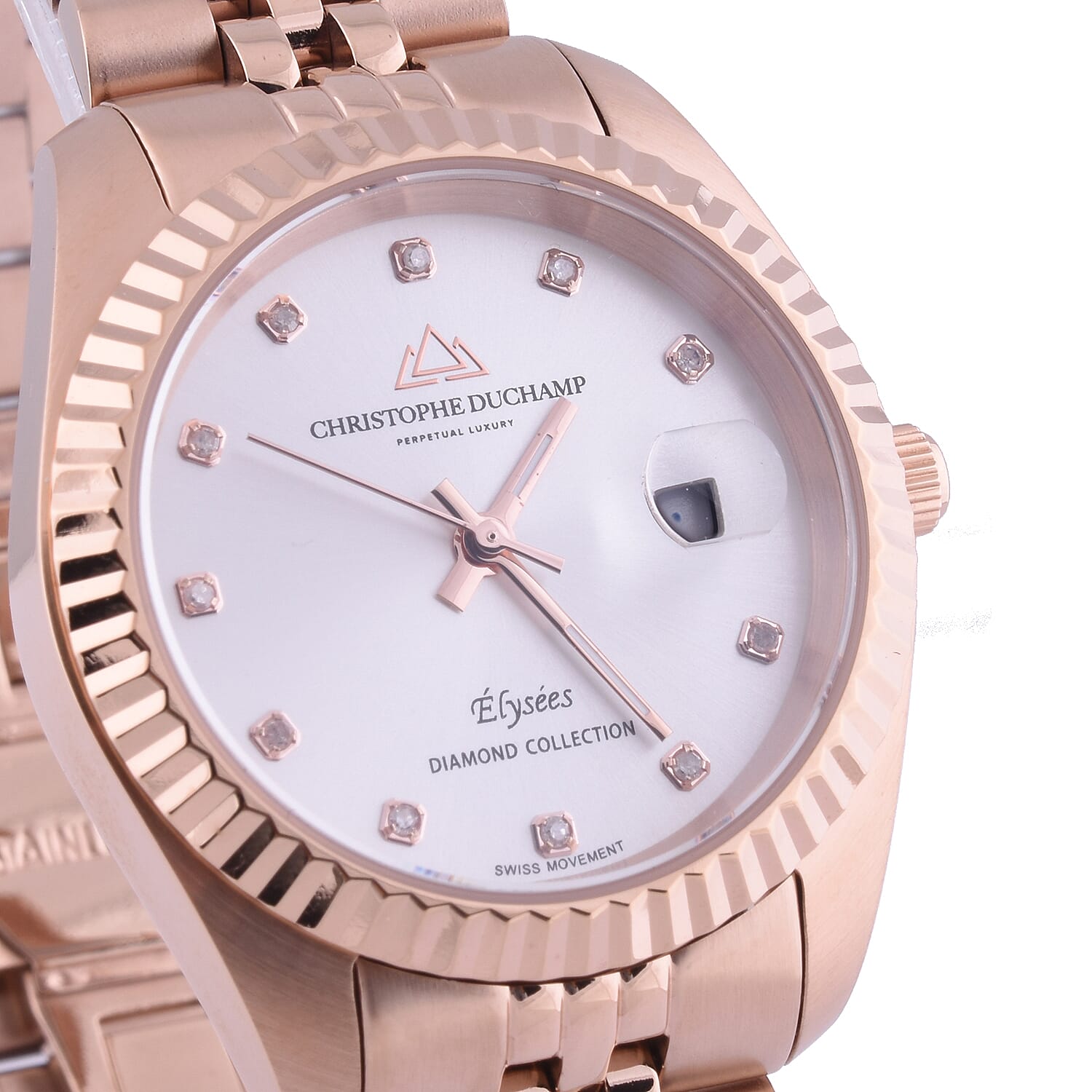 Christophe Duchamp Elysees Swiss Movement White Dial Diamonds Studded Watch in Rose Gold Colour Chain Strap