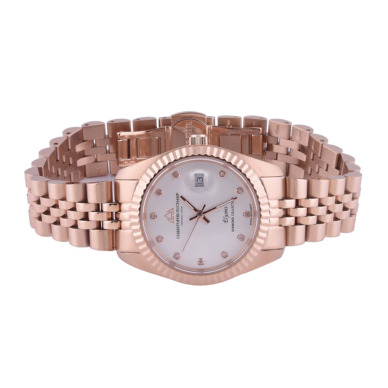 Christophe Duchamp Elysees Swiss Movement White Dial Diamonds Studded Watch in Rose Gold Colour Chain Strap
