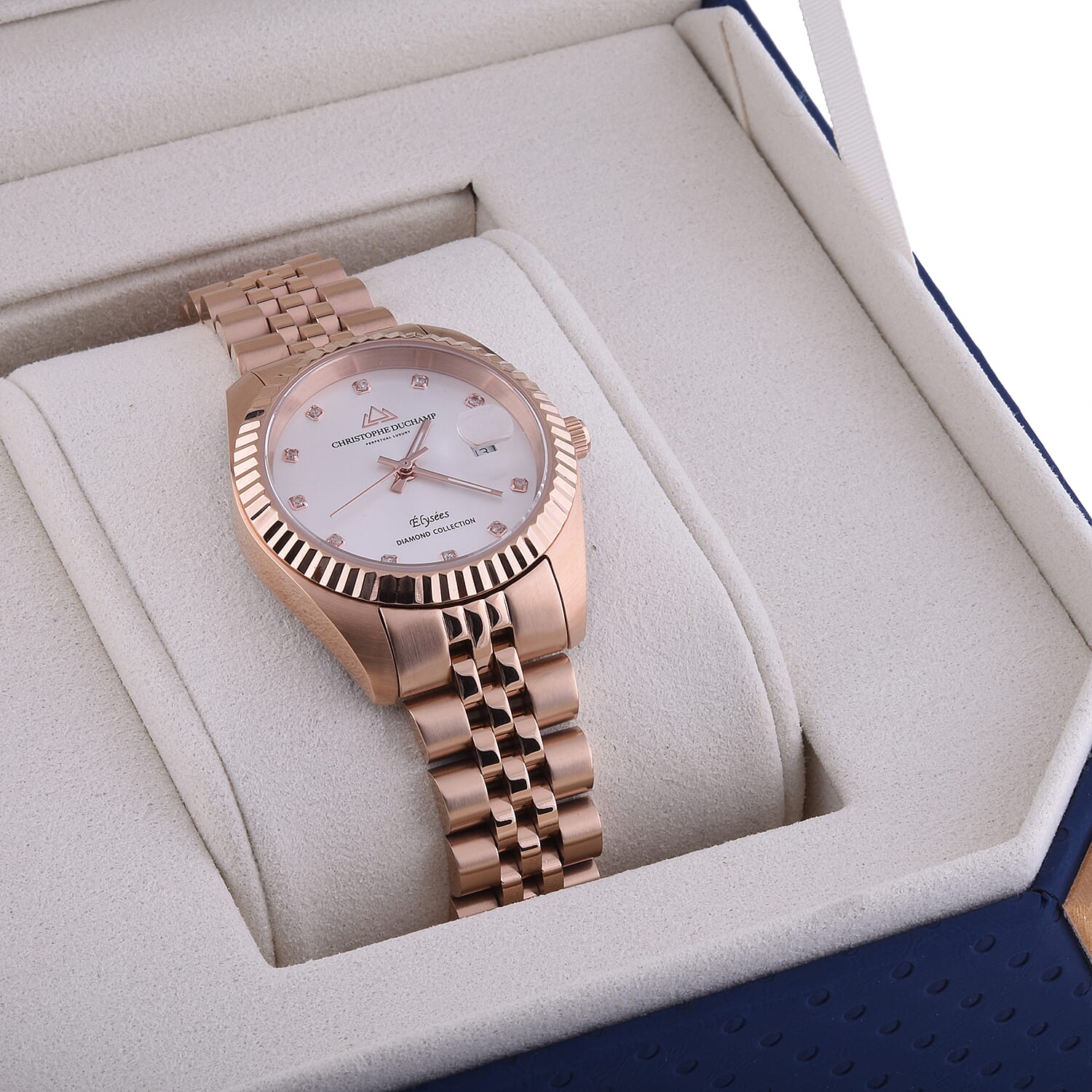 Christophe Duchamp Elysees Swiss Movement White Dial Diamonds Studded Watch in Rose Gold Colour Chain Strap