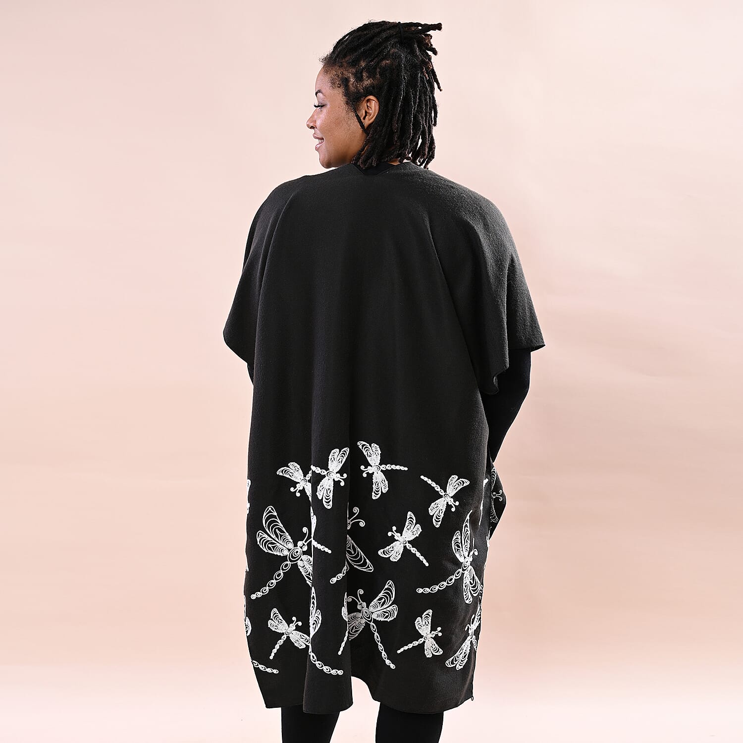 TAMSY Dragonfly Embroidered Kimono - Black & White