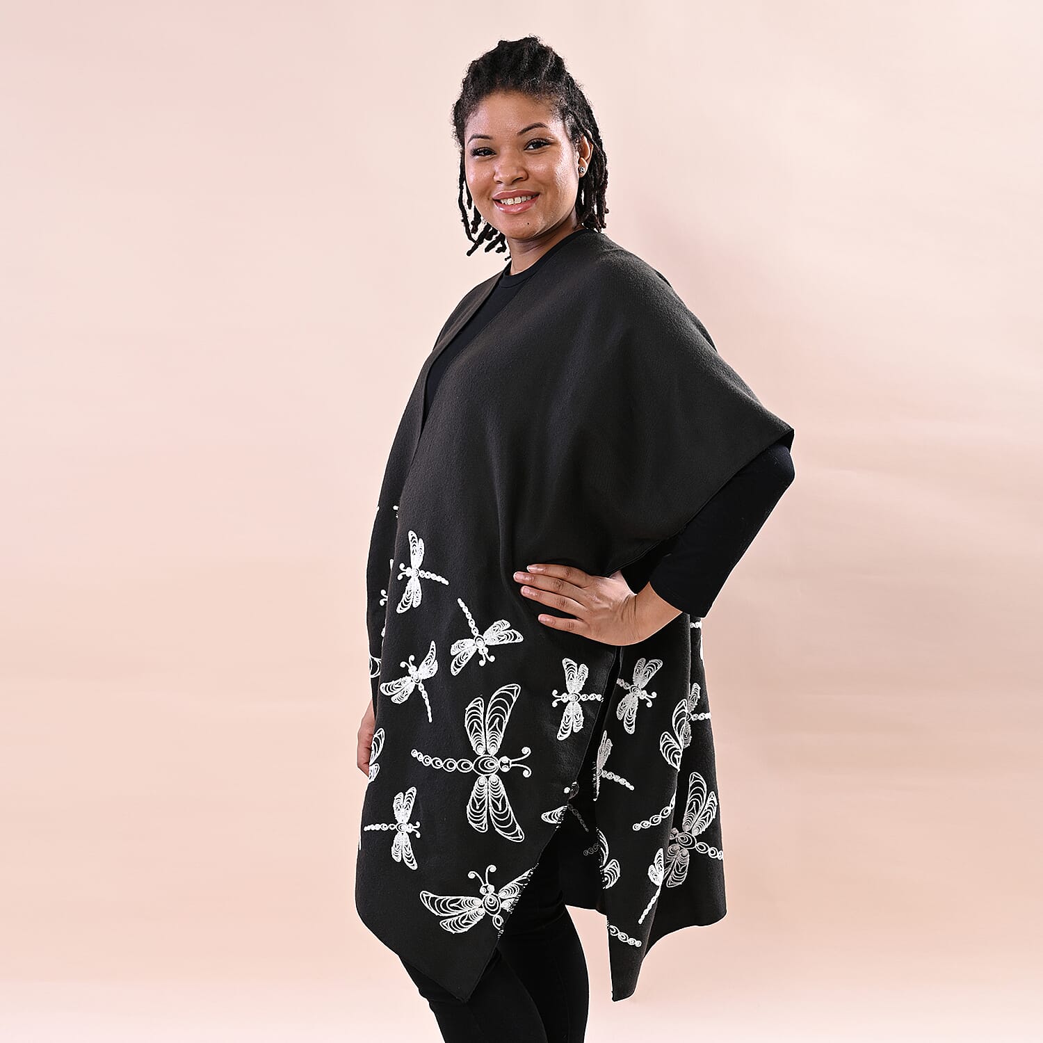 TAMSY Dragonfly Embroidered Kimono - Black & White
