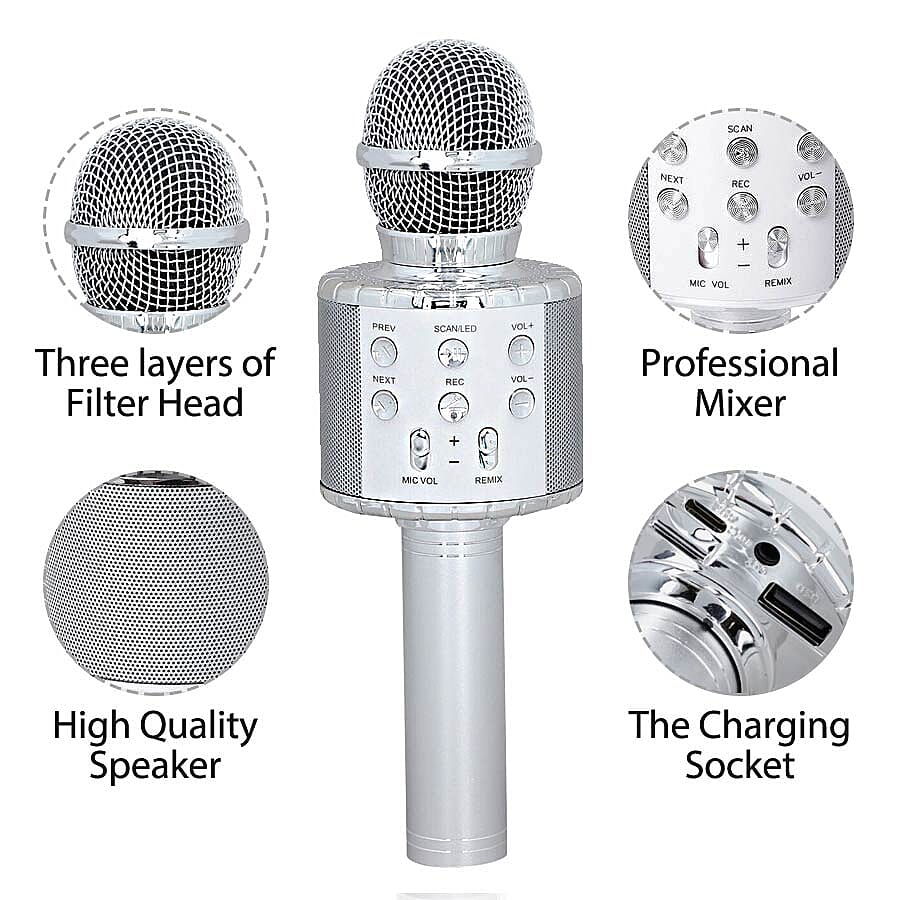 Wireless Rechargable Karaoke Microphone with Bluetooth Speaker (Size 23 Cm) - Silver