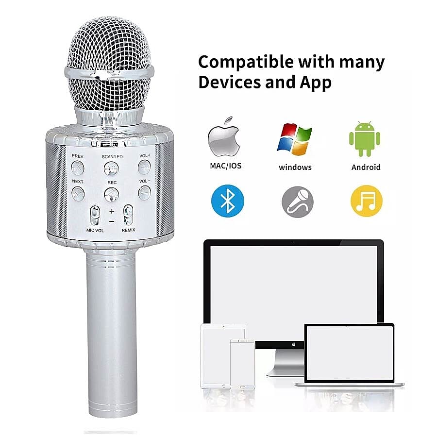 Wireless Rechargable Karaoke Microphone with Bluetooth Speaker (Size 23 Cm) - Silver