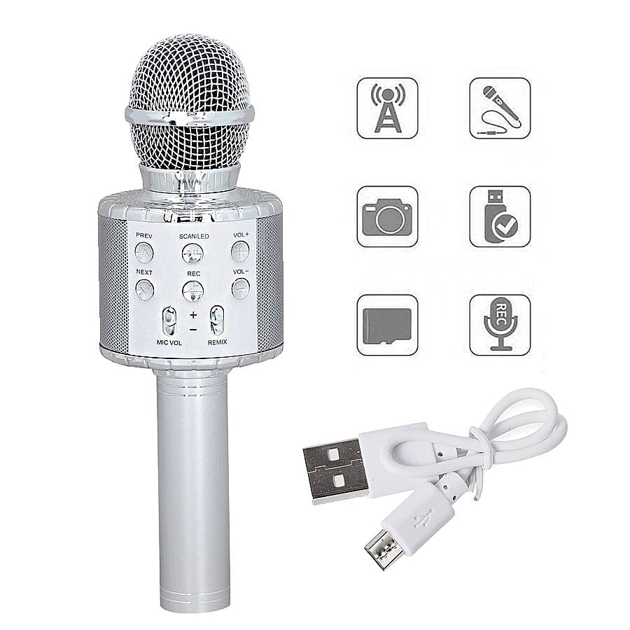 Wireless Rechargable Karaoke Microphone with Bluetooth Speaker (Size 23 Cm) - Silver