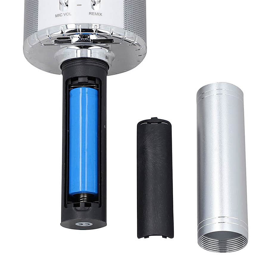 Wireless Rechargable Karaoke Microphone with Bluetooth Speaker (Size 23 Cm) - Silver