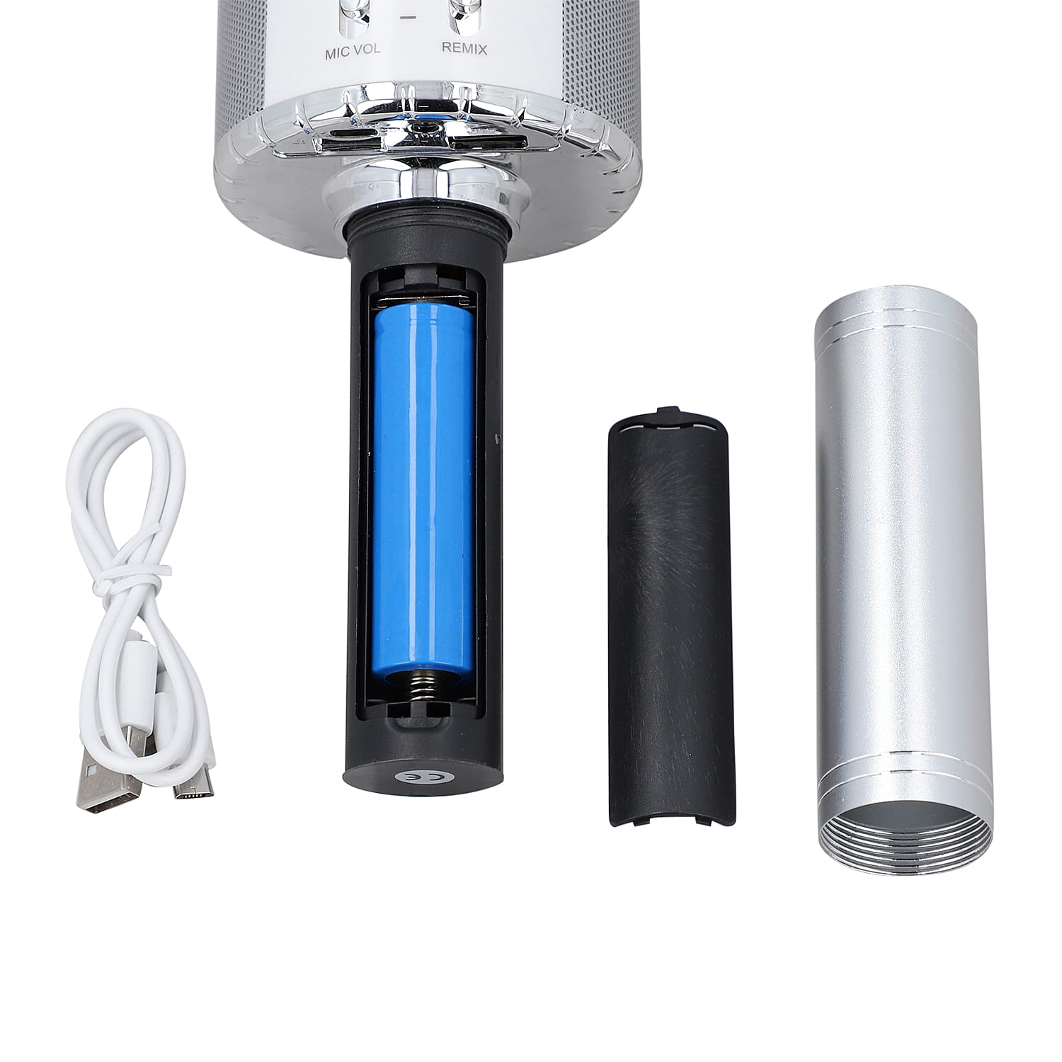 Wireless Rechargable Karaoke Microphone with Bluetooth Speaker (Size 23 Cm) - Silver