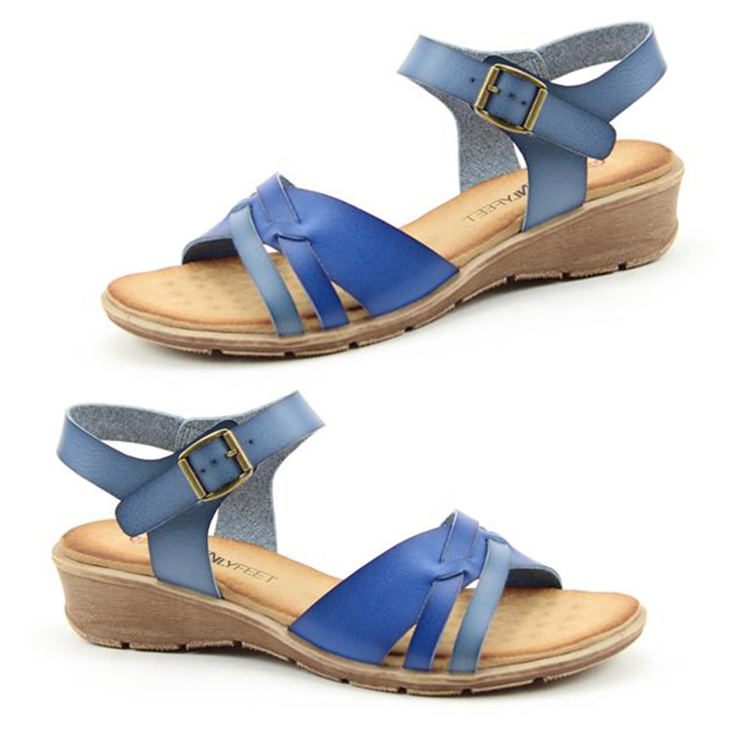 Heavenly Feet Iris Low Wedge Sandals with Adjustable Buckle Strap (Size 3) - Blue