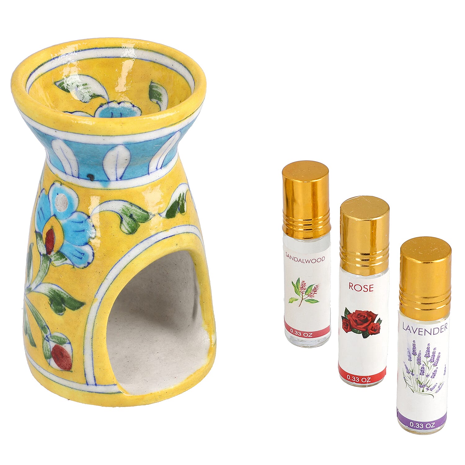 Jaipur Blue - Hand Painted Ceramic Burner with 3 Diffuser Oil (Rose, Sandal Wood & Lavender) - Yellow