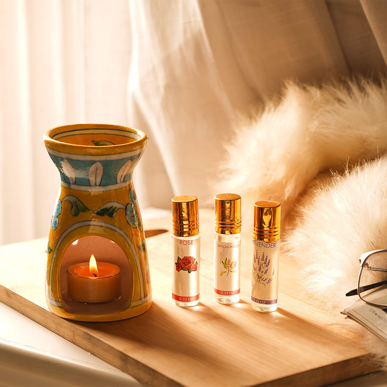 Jaipur Blue - Hand Painted Ceramic Burner with 3 Diffuser Oil (Rose, Sandal Wood & Lavender) - Yellow