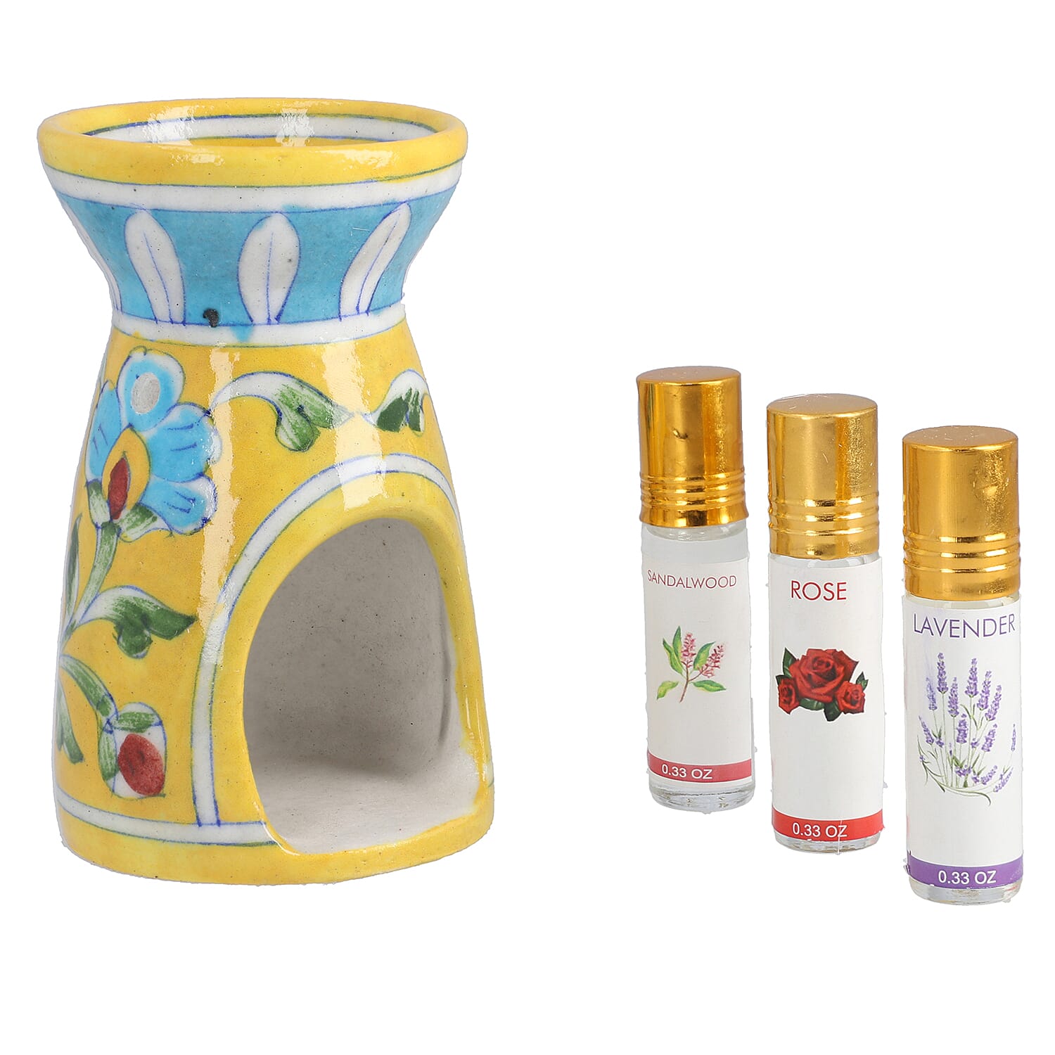 Jaipur Blue - Hand Painted Ceramic Burner with 3 Diffuser Oil (Rose, Sandal Wood & Lavender) - Yellow