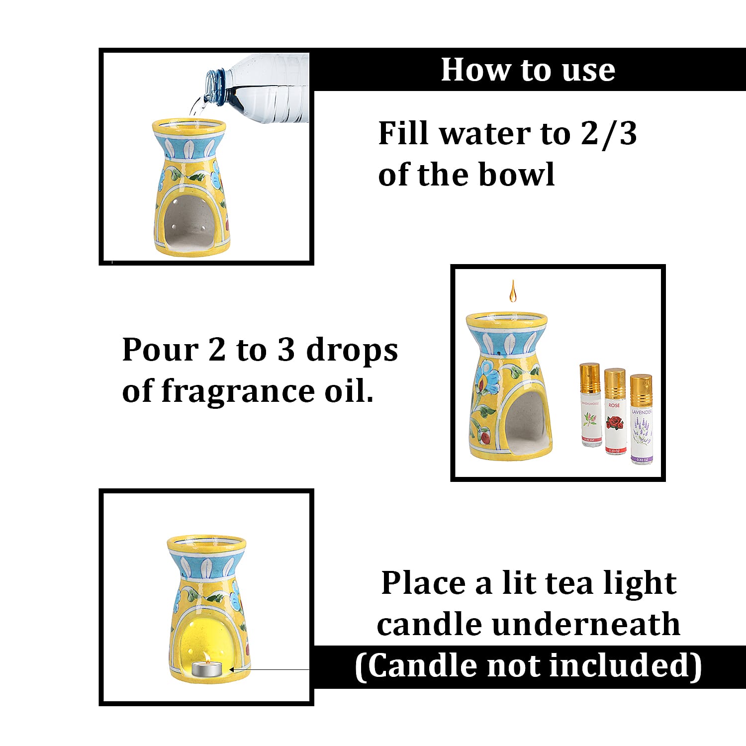 Jaipur Blue - Hand Painted Ceramic Burner with 3 Diffuser Oil (Rose, Sandal Wood & Lavender) - Yellow