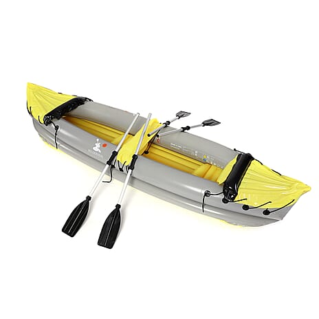 WILDERNESS Inflatable Kayak (2 person Kayak - 2 Alumunium Oars- Repair Patch - Foot Rest Cushion- Air Pump) (Size-315x66x45 Cm) - Yellow and Black