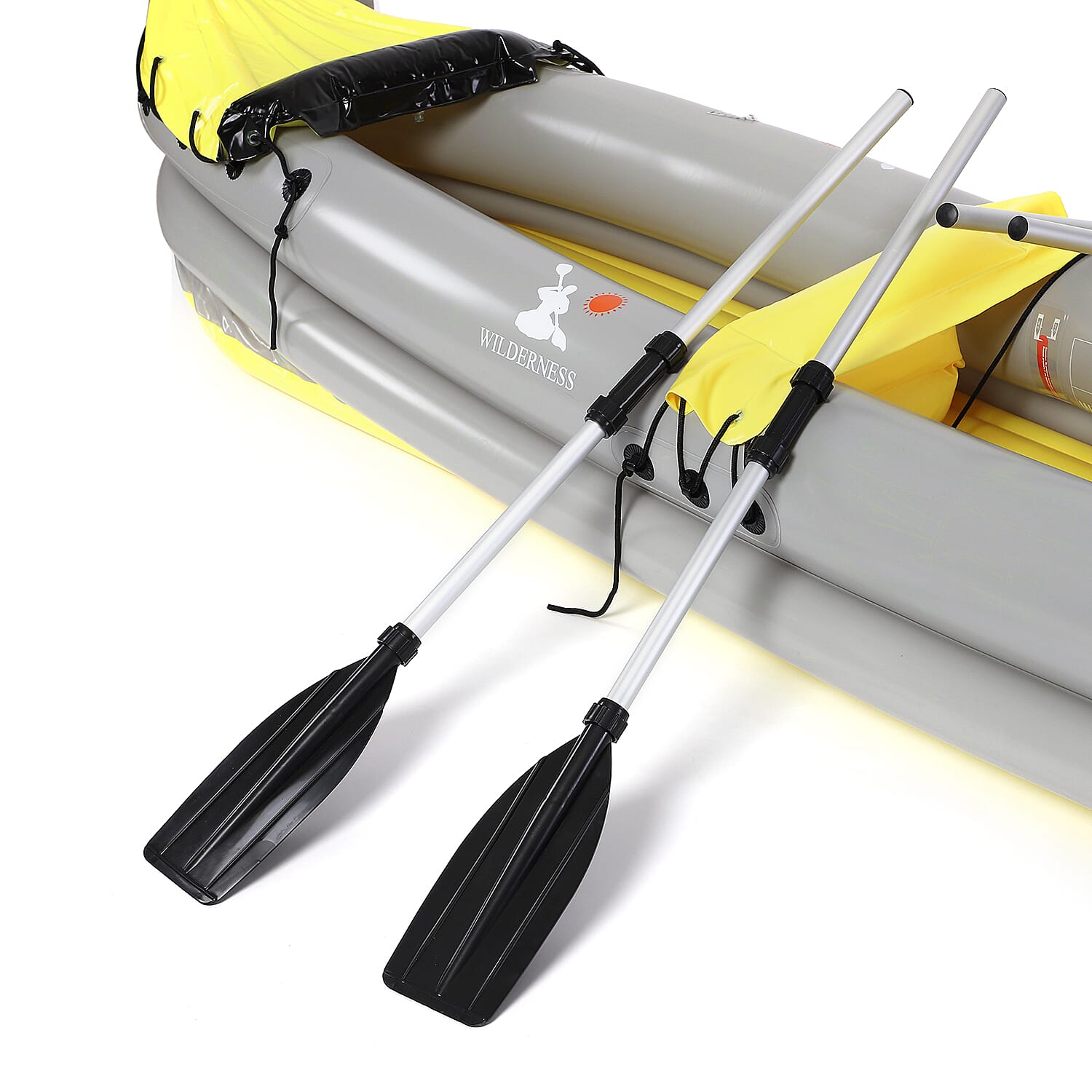 WILDERNESS Inflatable Kayak (2 person Kayak - 2 Alumunium Oars- Repair Patch - Foot Rest Cushion- Air Pump) (Size-315x66x45 Cm) - Yellow and Black