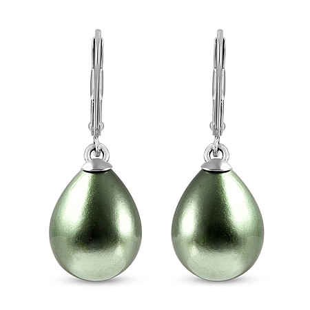 Green Shell Pearl Solitaire Drop Earrings in Sterling Silver with Rhodium Plating