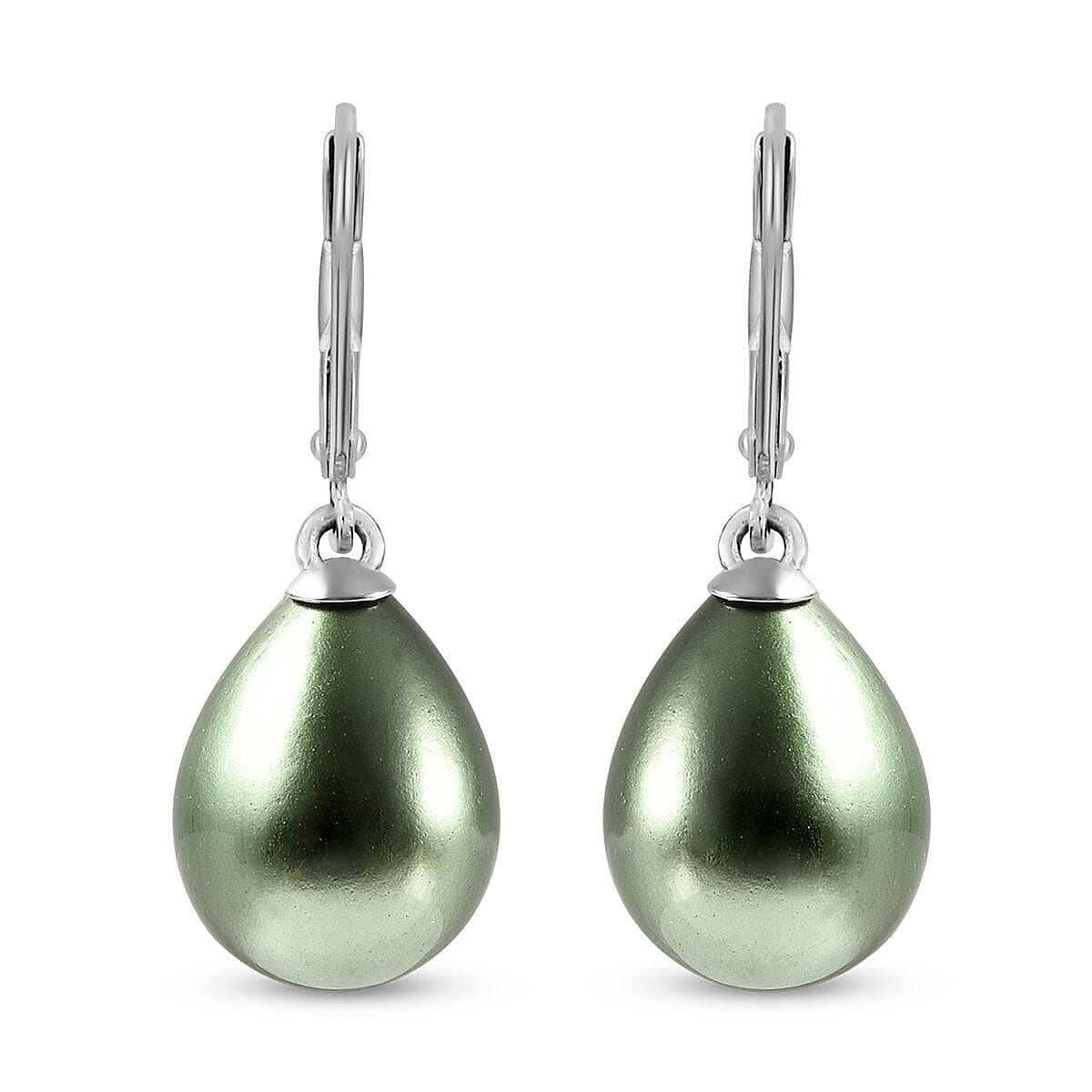 Green Shell Pearl Drop Lever Back Earrings in Rhodium Overlay Sterling Silver 25.0 Ct.
