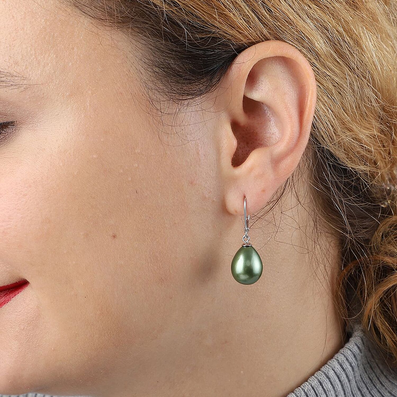 Green Shell Pearl Drop Lever Back Earrings in Rhodium Overlay Sterling Silver 25.0 Ct.