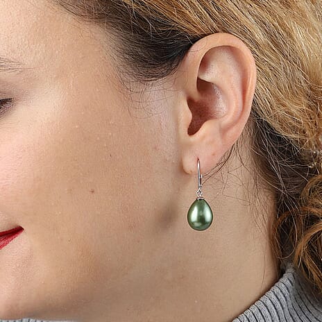 Green Shell Pearl Drop Lever Back Earrings in Rhodium Overlay Sterling Silver 25.0 Ct.