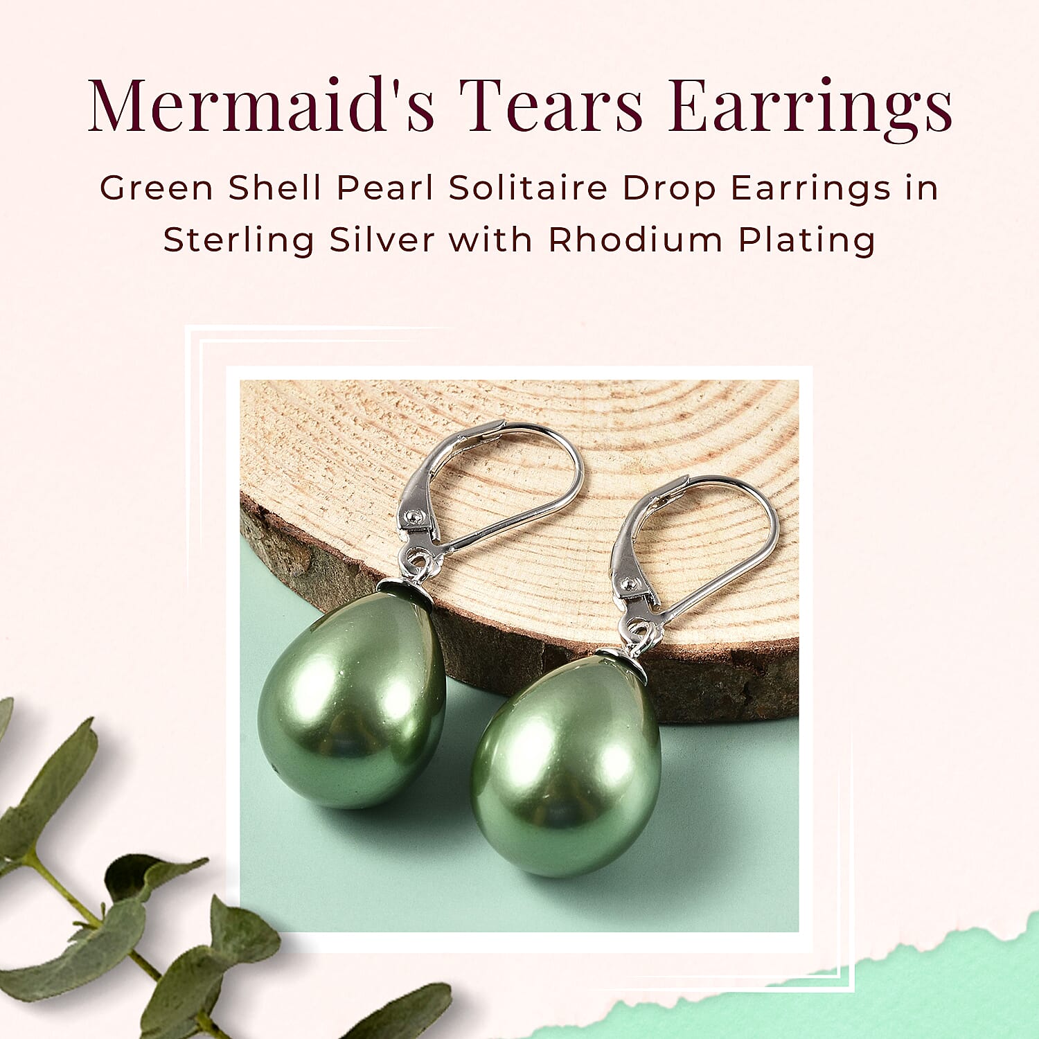 Green Shell Pearl Drop Lever Back Earrings in Rhodium Overlay Sterling Silver 25.0 Ct.