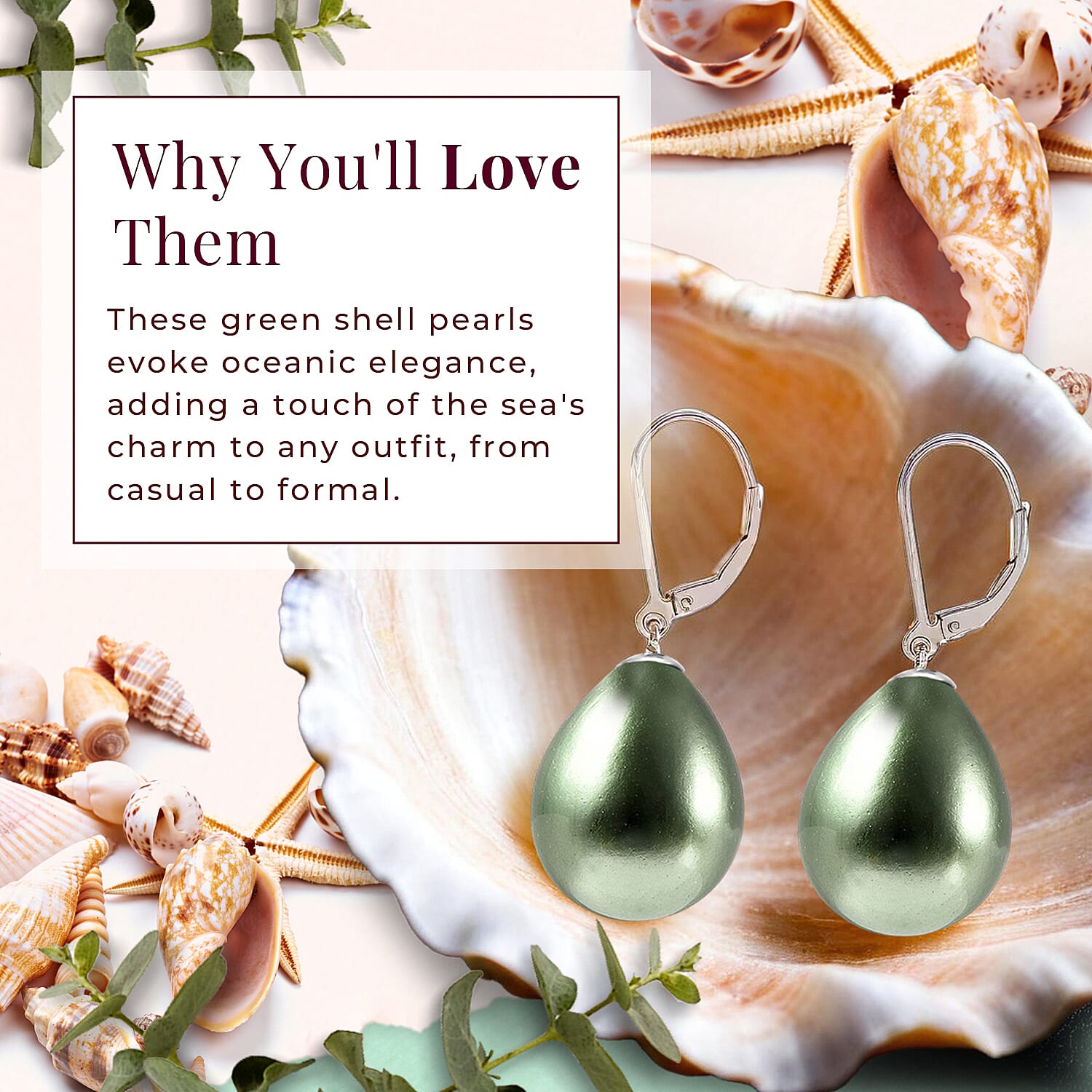 Green Shell Pearl Drop Lever Back Earrings in Rhodium Overlay Sterling Silver 25.0 Ct.