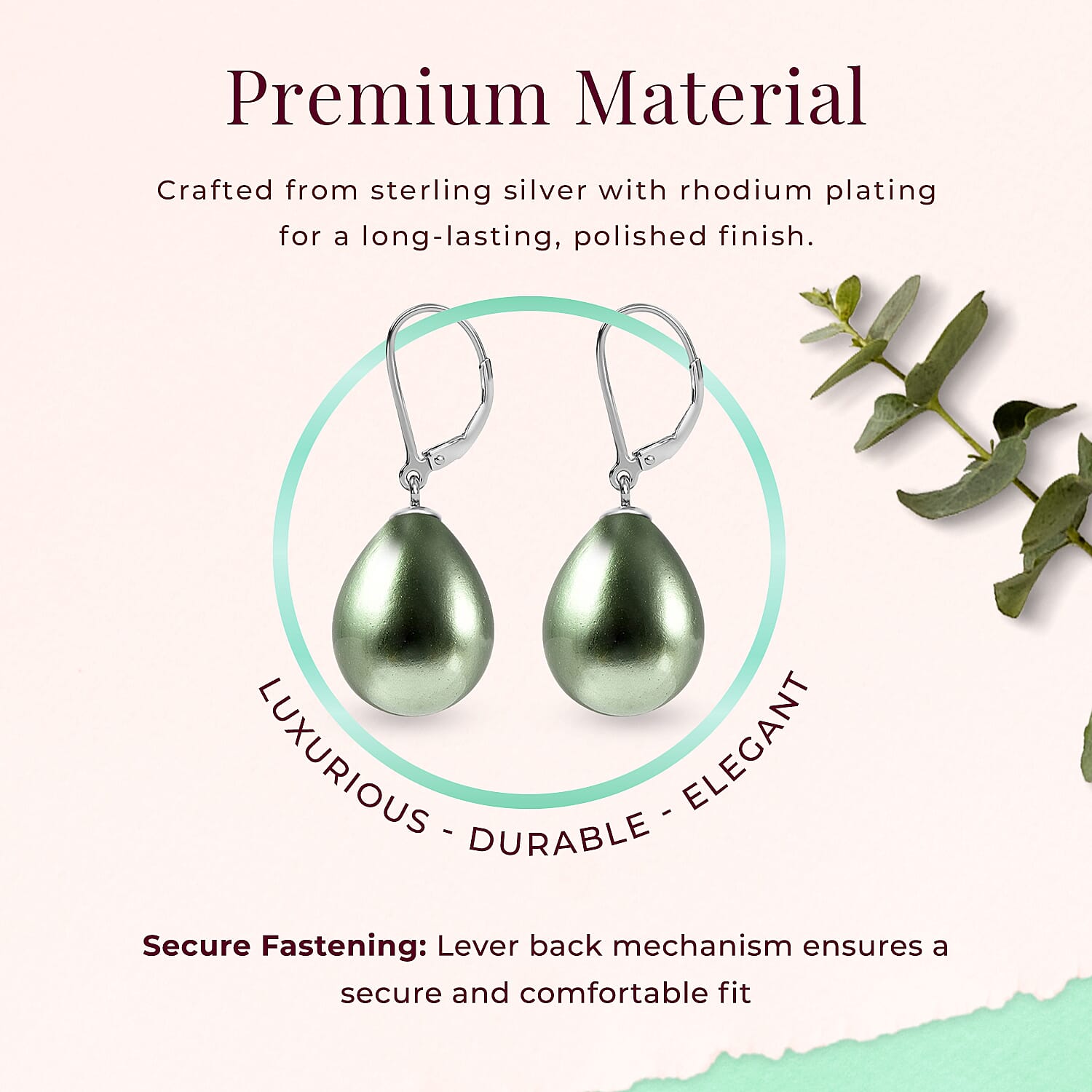 Green Shell Pearl Drop Lever Back Earrings in Rhodium Overlay Sterling Silver 25.0 Ct.