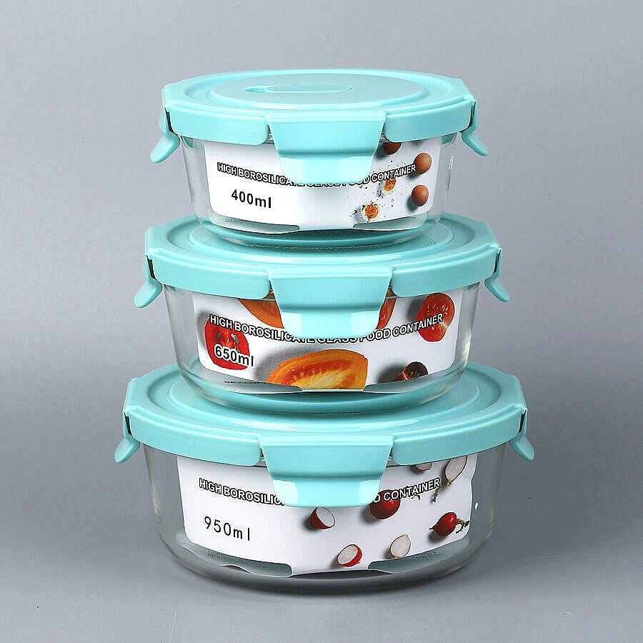 Set of 3 Glass Preservation Round Shape Box Size:13.5x6cm, 15x6.5cm, 17.5x7.3cm) - Green