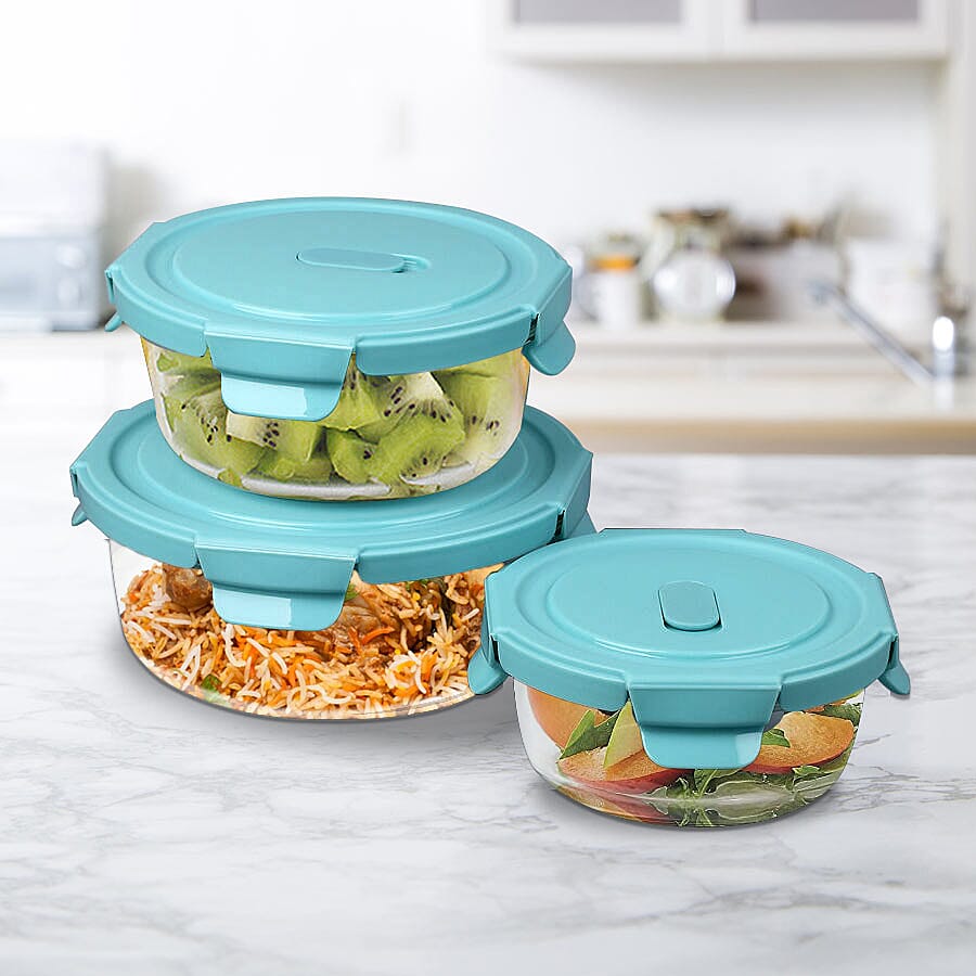 Set of 3 Glass Preservation Round Shape Box Size:13.5x6cm, 15x6.5cm, 17.5x7.3cm) - Green